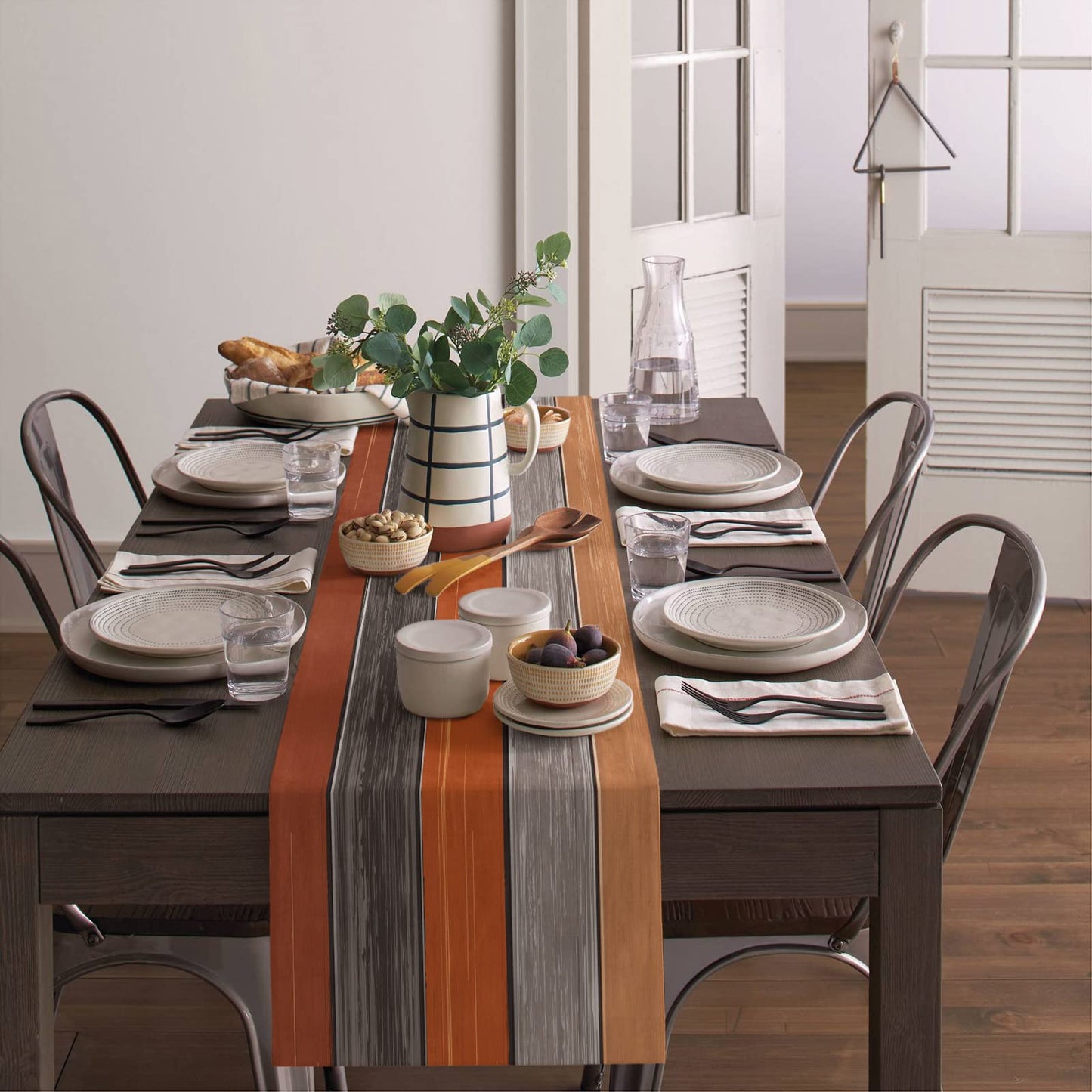 Farmhouse Cotton Linen Table Runner Dresser Scarf Retro Rustic Barn Wood Texture Ombre Burnt Orange Gray Non-Slip Rectangle Settings Decoration for Kitchen Home Dining Holiday,70 inches Long