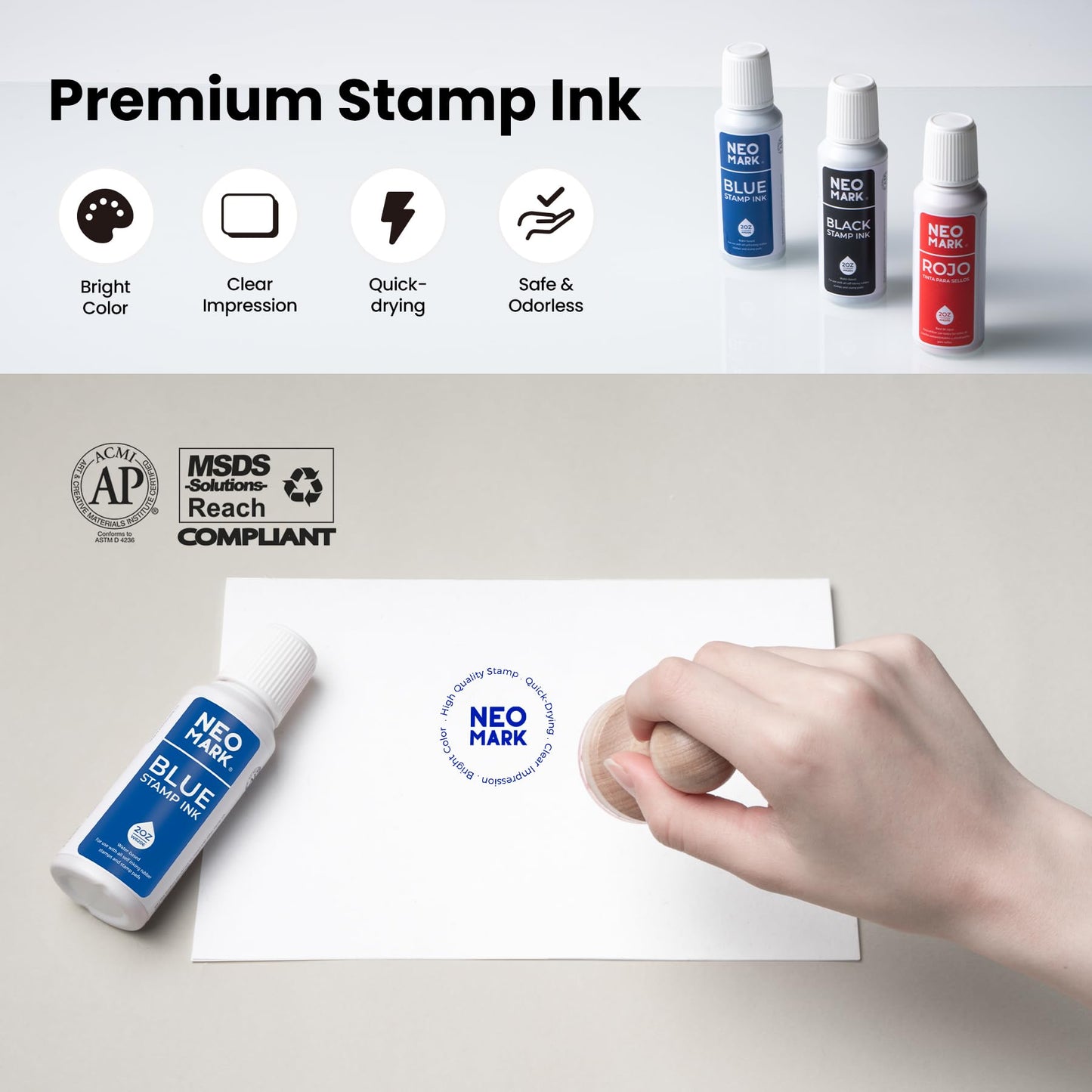 NEO MARK Premium Stamp Ink, Quick-Drying & AP-Certified Non-Toxic Refill Ink for Self-Inking Stamps, Date Stamps and Stamp Pads (Blue, 2oz)