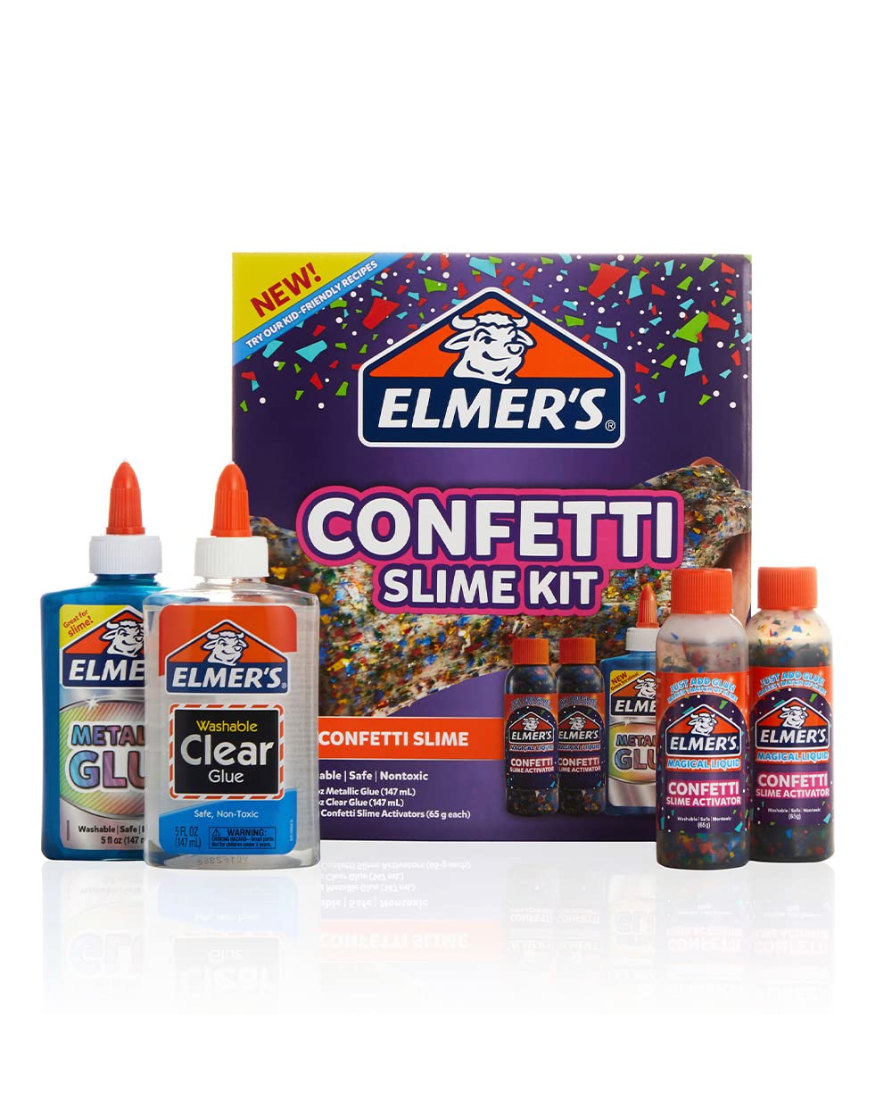 Elmer’s Confetti Slime Kit, Slime Supplies Include Metallic Glue, Clear Glue, Confetti Magical Liquid Activator, 4 Count - Perfect for Parties, Gift, Kids Activity Time