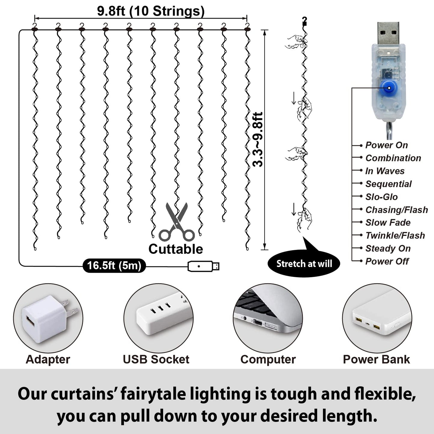 HXWEIYE 300LED Fairy Curtain Lights, 9.8x9.8Ft Warm White USB Plug in 8 Modes Christmas String Hanging Lights with Remote for Bedroom, Indoor, Outdoor, Weddings, Party