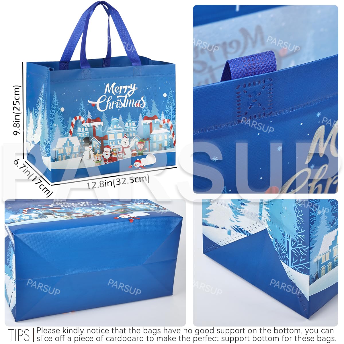 8PCS Christmas Gift Bags, Bronzing Christmas Tote Bags with Handles, Treat Bags, Multifunctional Non-Woven Bags for Gifts Wrapping Shopping, Xmas Basket Party Supplies, 12.8"×9.8"×6.7"