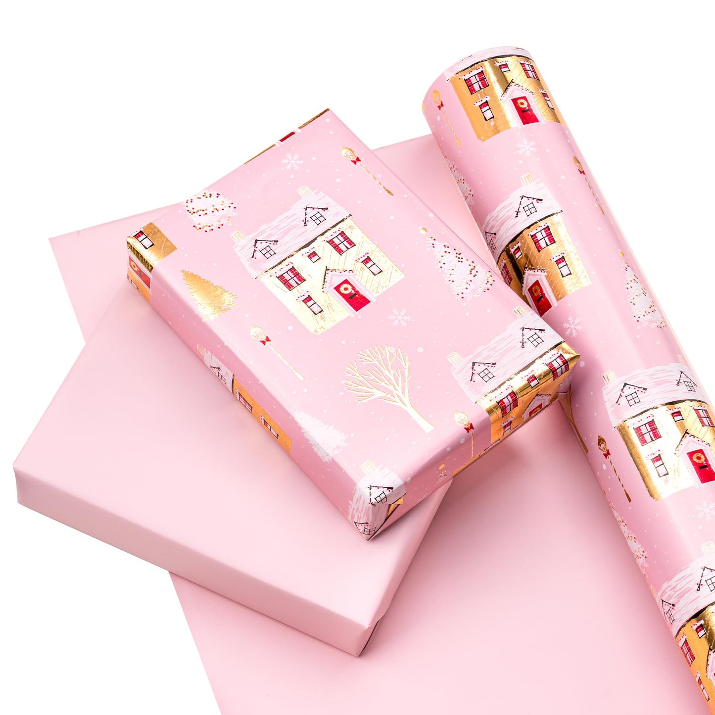 30 Inch Jumbo Reversible Christmas Wrapping Paper - 30 Inch x 33 Feet - Pink House and Solid Pink Wrapping Paper with Metallic Foil Shine for Chrsitmas, Holiday, Party