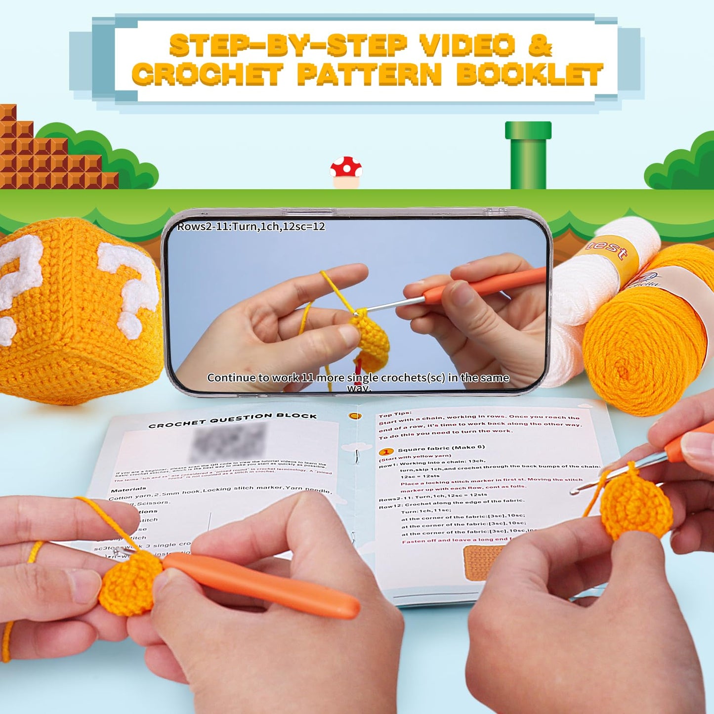 Crochet Kit for Beginners, Amigurumi Crochet Kit for Adults with Step-by-Step Video Tutorials, Learn to Crocheting Starter Kits for Kids, Knitting and Craft Supplies, Super Game Bros Toys(40%+ Yarn)