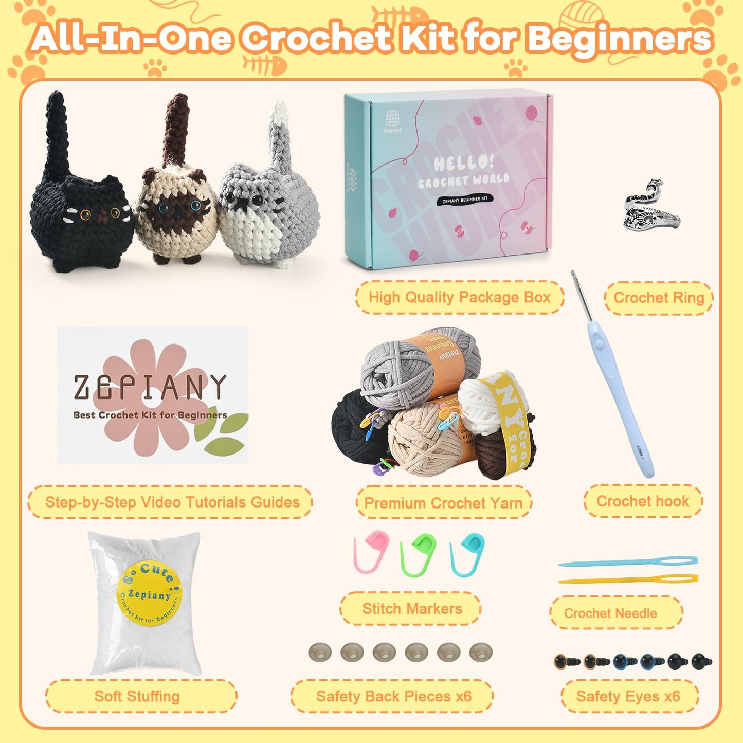 Zepiany Crochet Kit for Beginners, Crochet Cat Beginner Crochet Kit for Adults, Amigurumi Crochet Animals Cat Crafts Crochet Kits, Easy Knitting Kit Galentines Day Gifts