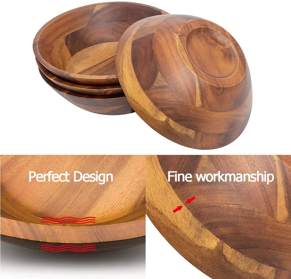 Acacia Wooden Serving Bowls, 7 Inch Set of 4 for Salad, Soup, Noodle and More