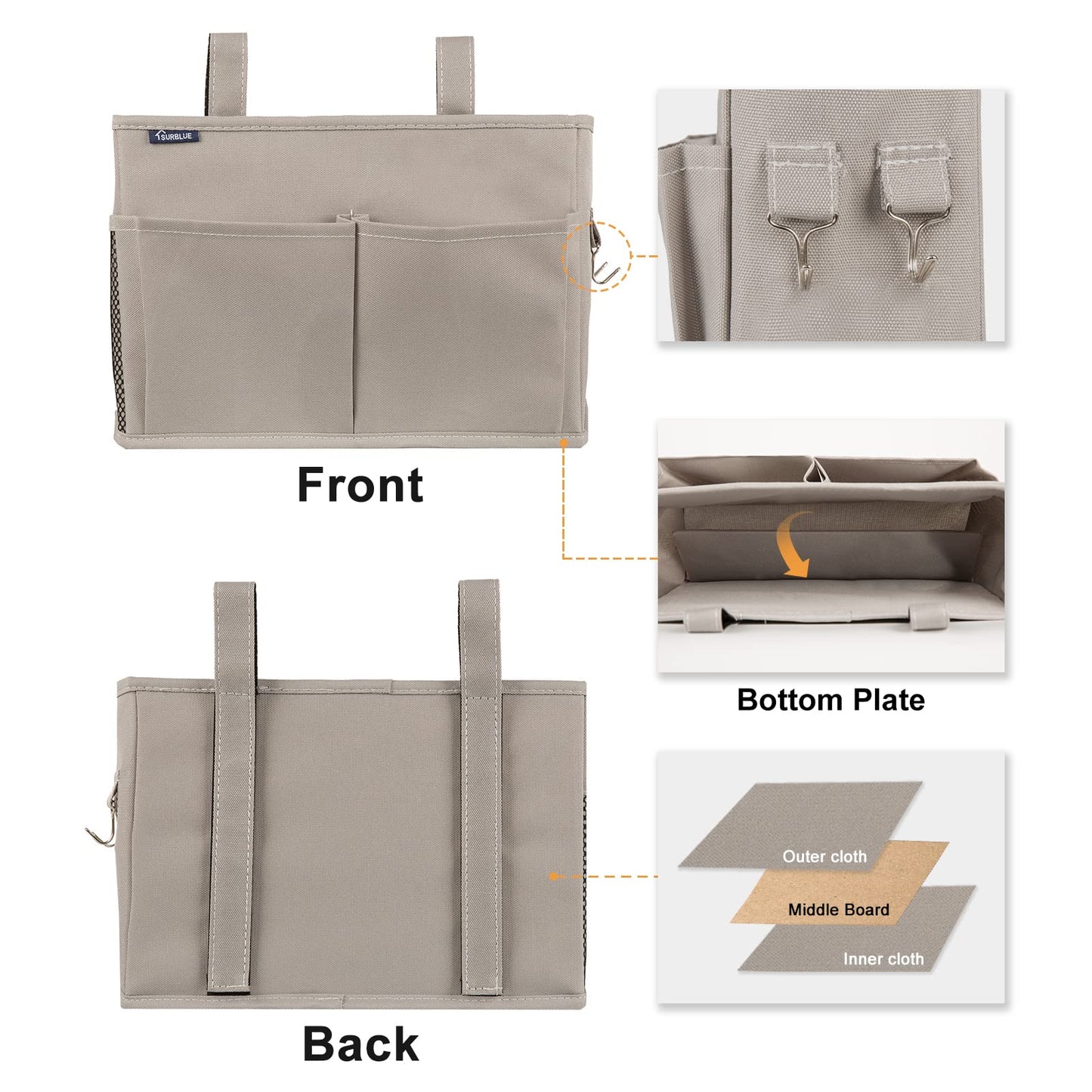 Surblue Bedside Caddy Hanging Bed Organizer Storage Bag Pocket for Bunk and Hospital Beds, College Dorm Rooms Baby Bed Rails,Camp 4 Pockets and 2 Hooks (Gray)