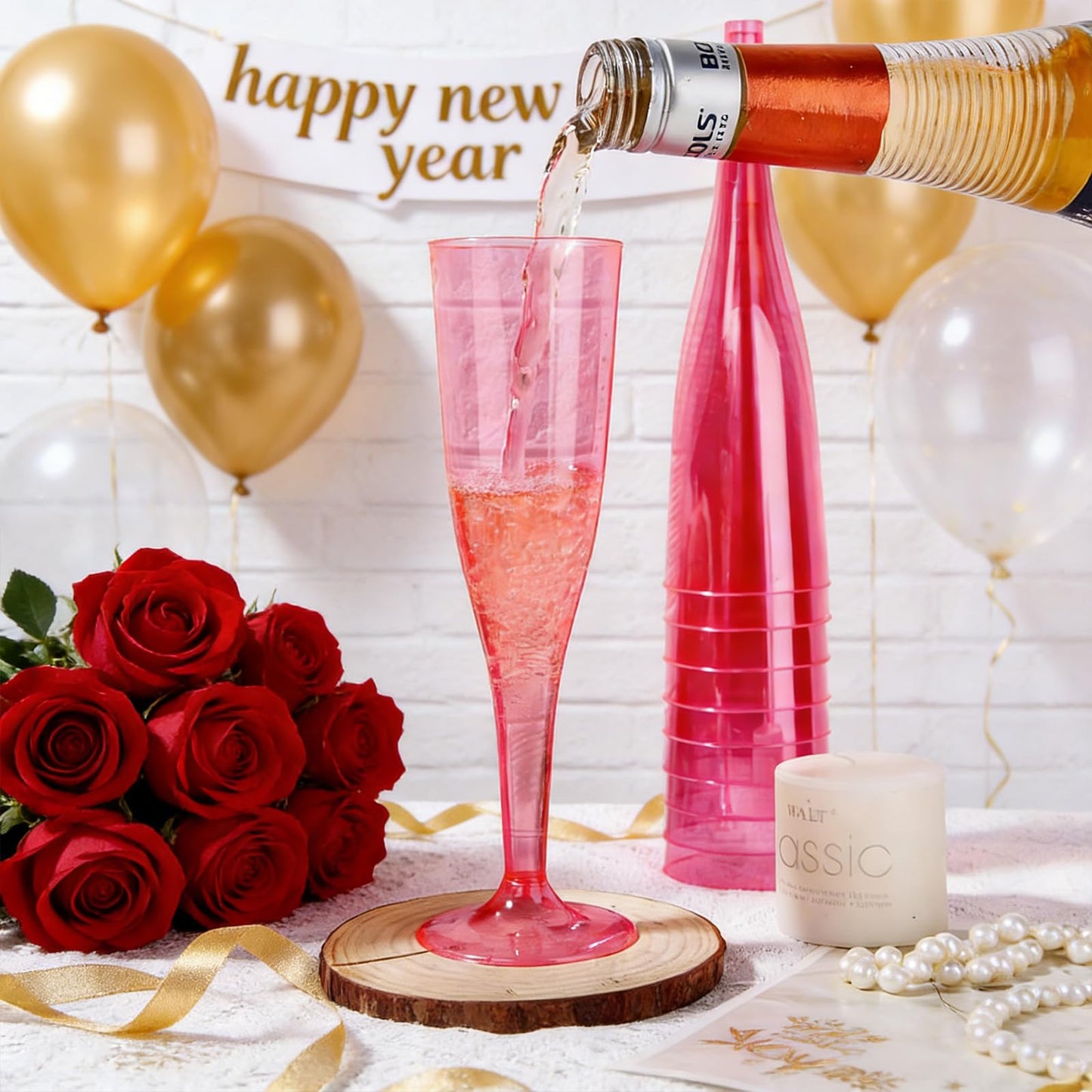 36 Pack Clear Pink Plastic Champagne Flutes - 7OZ Pink Champagne Flutes Plastic, Champagne Glasses Disposable for Party Valentine's Day New Year's