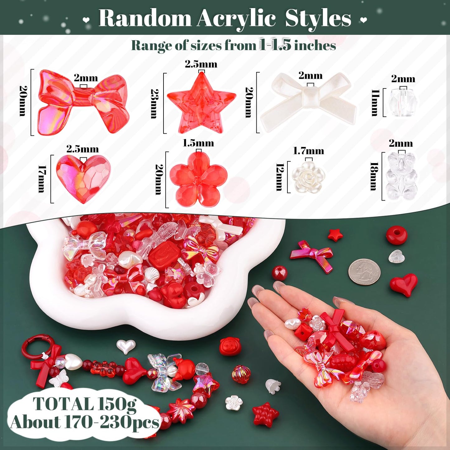 TINKRSTUFF Assorted 170-230PCS Red Acrylic Beads for Bracelet Making, Flower Bow Butterfly Candy GummyBear Aesthetic Bracelet Charms,Cute Beads for Jewelry Making DIY Necklace Keychain Phone Charm
