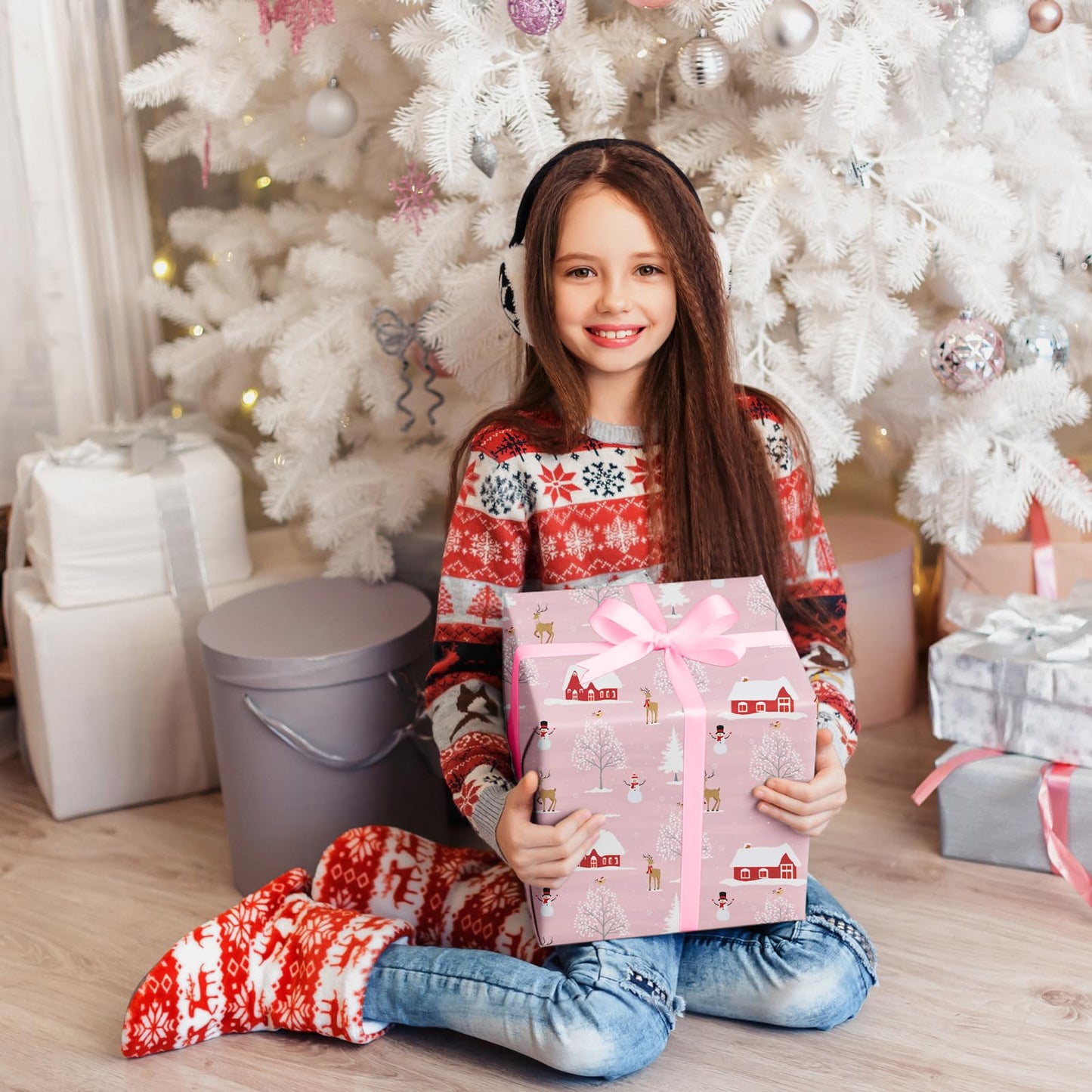 Cuitpan Pink Christmas Wrapping Paper - Xmas Gift Wrap with Snowy Houses, Reindeer, Snowmen & Trees Design - Perfect for Kids & Adults Gift Wrapping - 40×28 Inches, 4 Folded Sheets