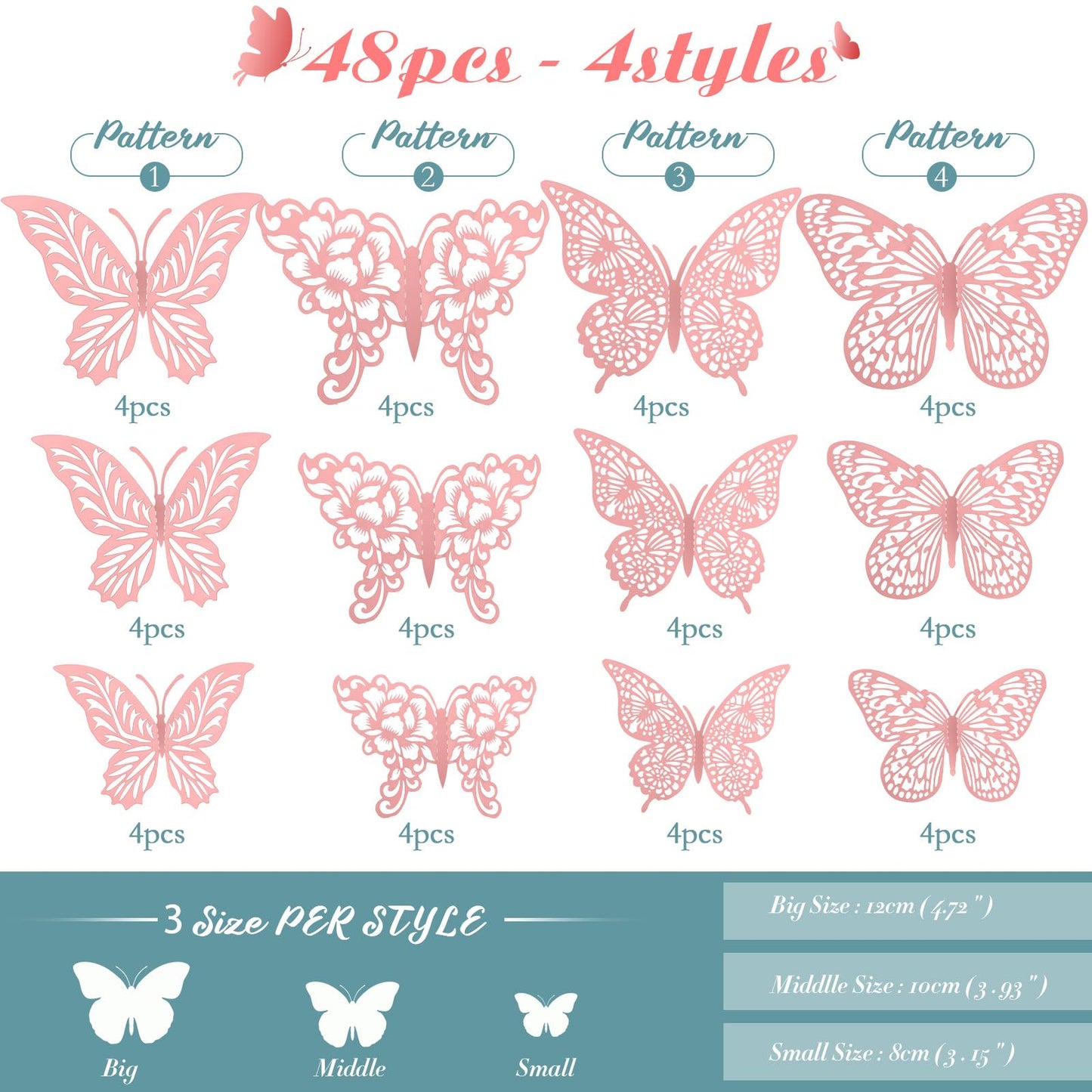 3D Gold Butterfly Wall Decor 3 Sizes 4 Styles Butterfly Party Decorations Cake Decorations Removable Stickers Wall Decor Room Mural Metallic Kids (Pink, 48Pcs)