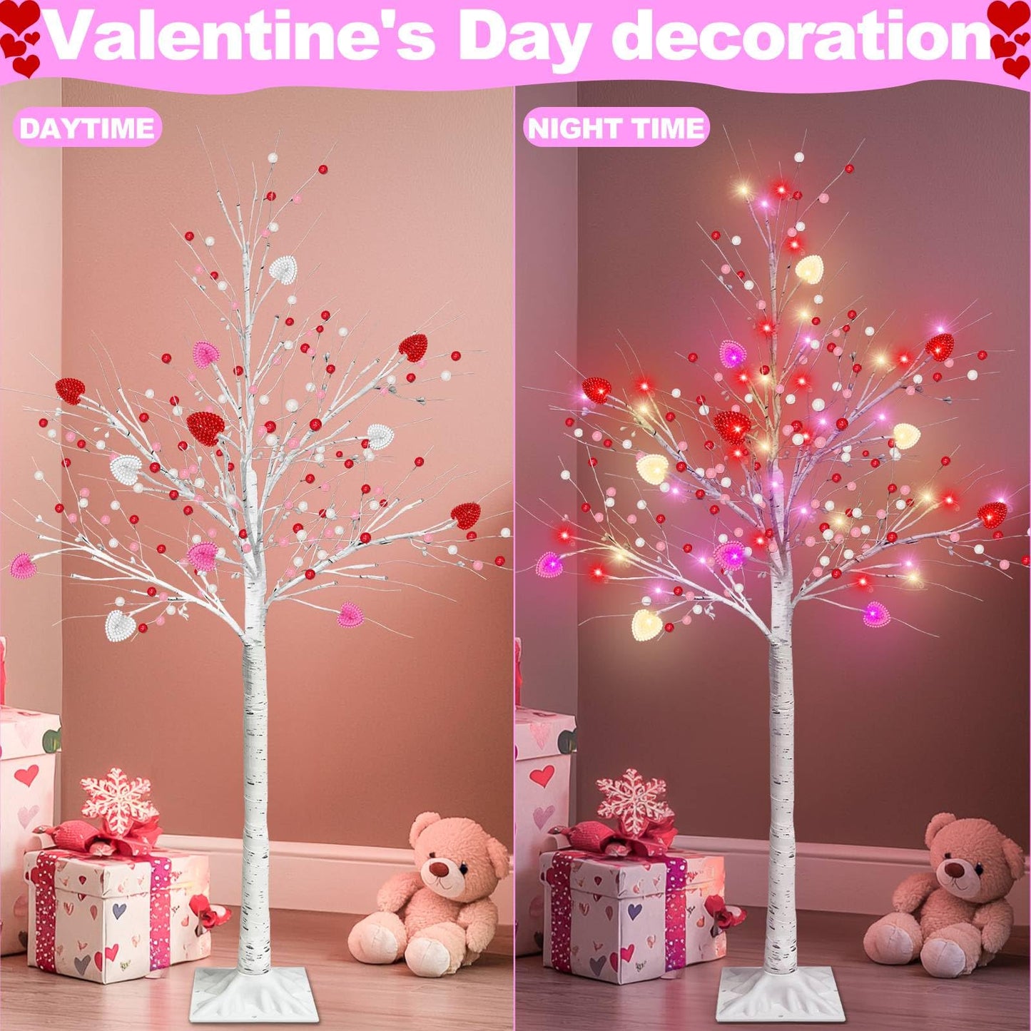 Valentines Day Decor, 4 FT Prelit Lighted Valentines Tree with 3D Hearts&Berries Ornaments 48 Led Red Pink Lights, Outdoor Waterproof Artificial Birches Tree for Valentines Day Decorations Indoor Home