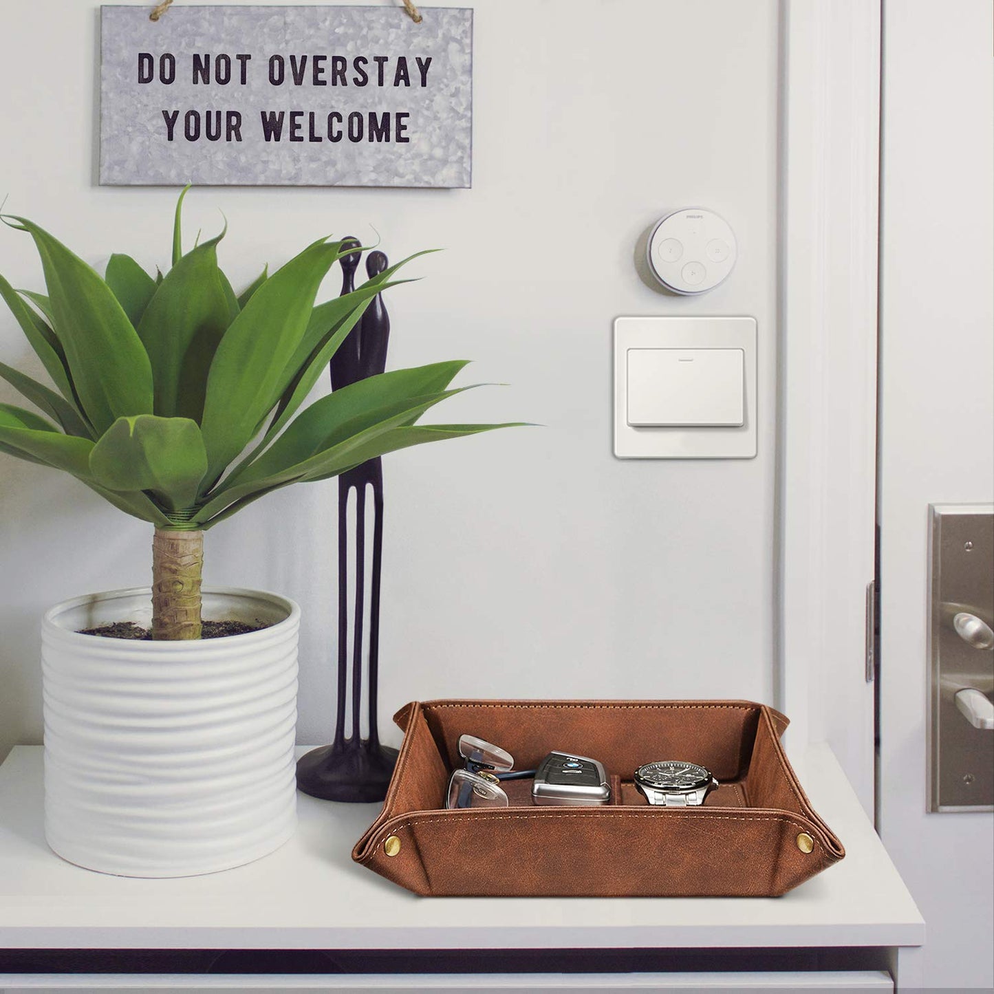 SITHON Valet Tray Desktop Storage Organizer – Premium PU Leather Catchall Bedside Vanity Tray Nightstand Caddy Holder for Remote Controller, Keys, Phone, Wallet, Coin, Jewelry, Brown