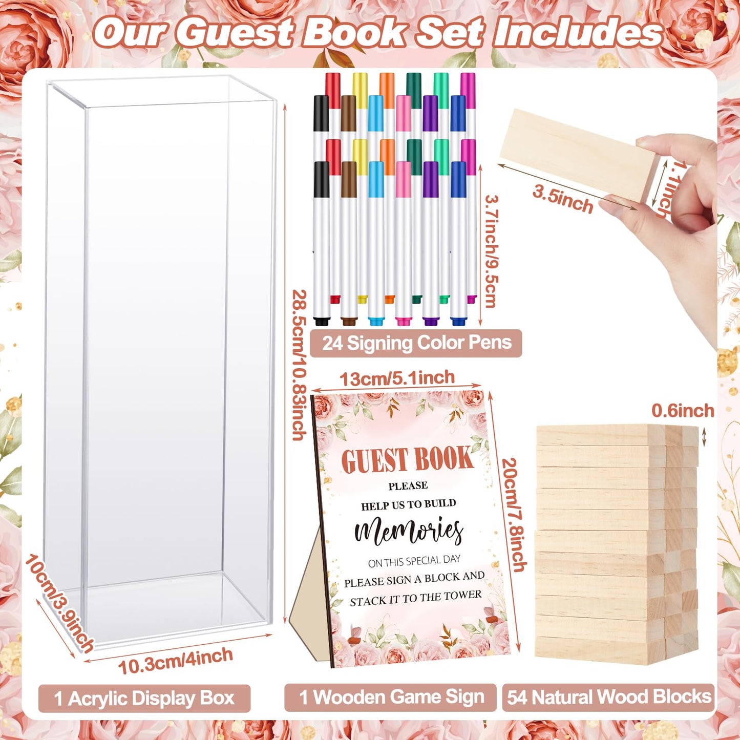 80 Pcs Wedding Guest Book Alternative Wooden Block Guest Book for Wedding Sign in Bridal Shower Decoration Wooden Block Bridal Shower Game for Sign in, Reception(Floral)