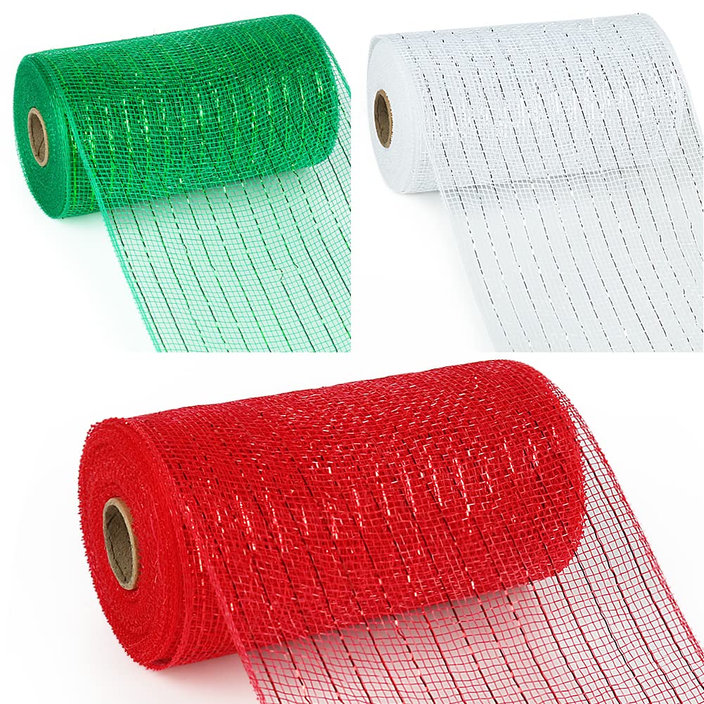 3 Rolls Mesh Ribbon for Wreaths, 6 Inch x 30 Feet Each Roll Red Green White Poly Deco Mesh Rolls, Christmas Ribbon for Wreaths, Swags and Christmas Tree Decoration