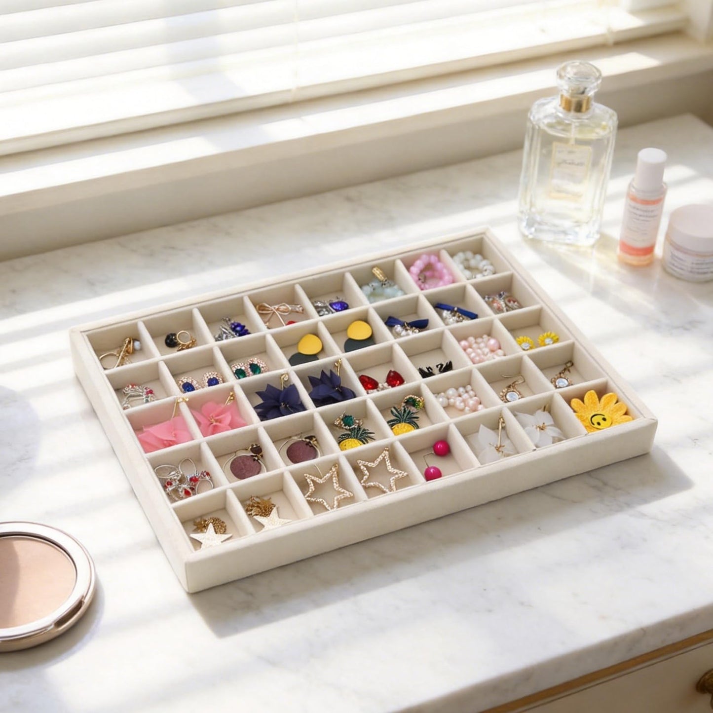 Stratalife Earring Organizer Stackable Jewelry Tray Removable Display Tray Organizer for Jewelry Necklace Earring Drawer Inserts 40 Grid Beige