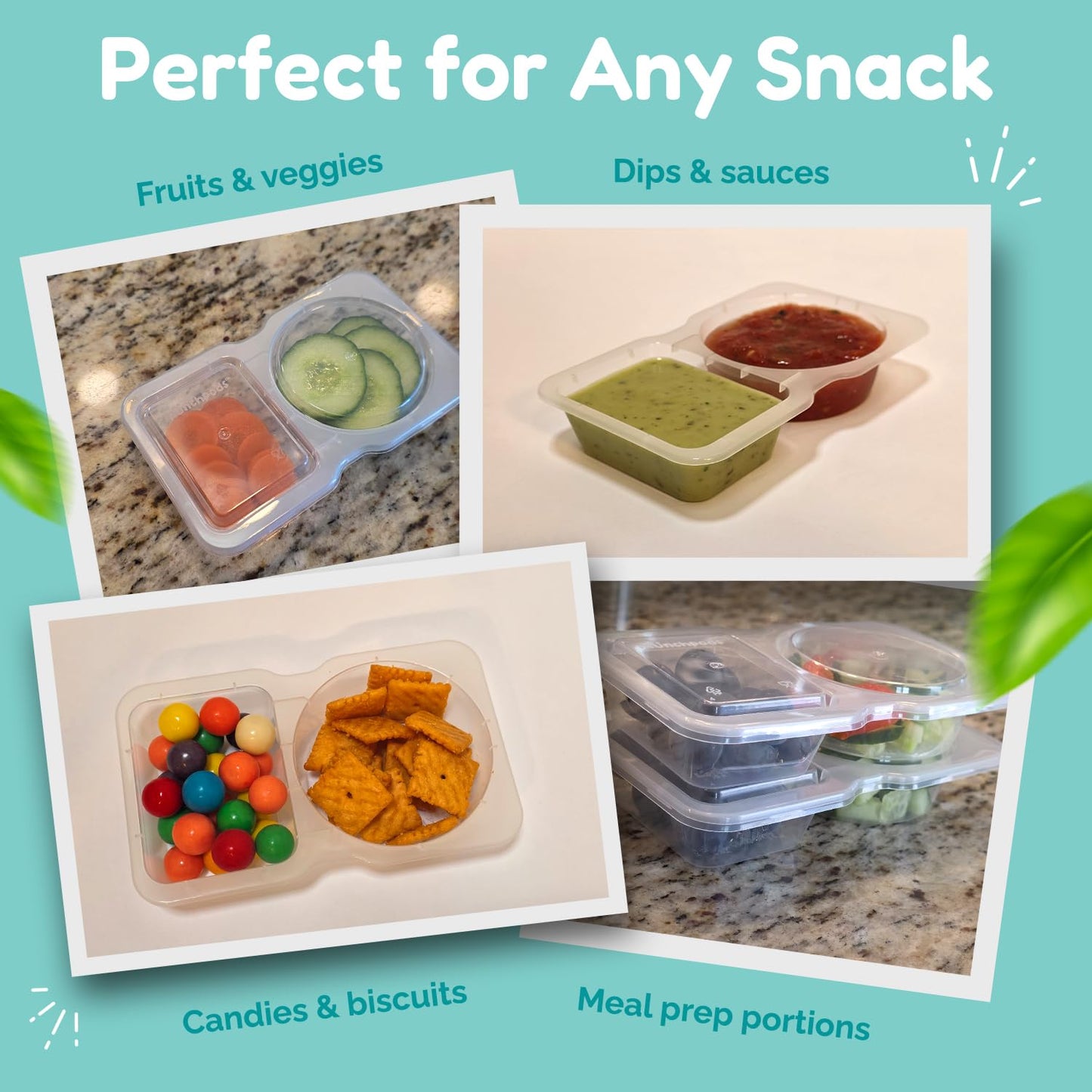 Munchpods Reusable Snack Containers with Lids 20 Pack (40 Pieces) Portion control, Snack Pack Containers 2 Double Compartment Snack Containers for Kids On the Go Meals, Camping Snack Tray Prep