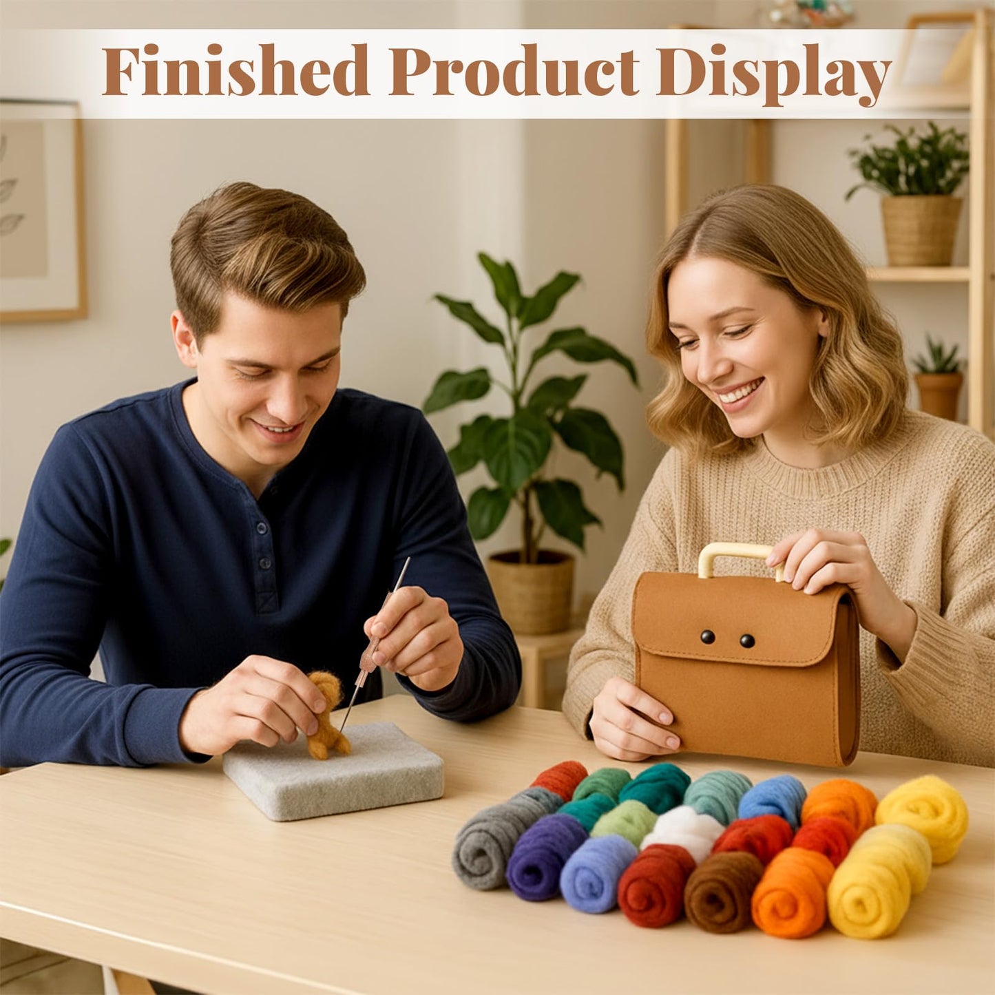 62 Pcs Needle Felting Kit, Felting Kits for Beginners Adult Including 24 Colors Wool Roving, Felt Needles, Felt Pad, Needle Handles, Finger Beds, Keychains, Fake Eyes, Storage Bag, Instruction