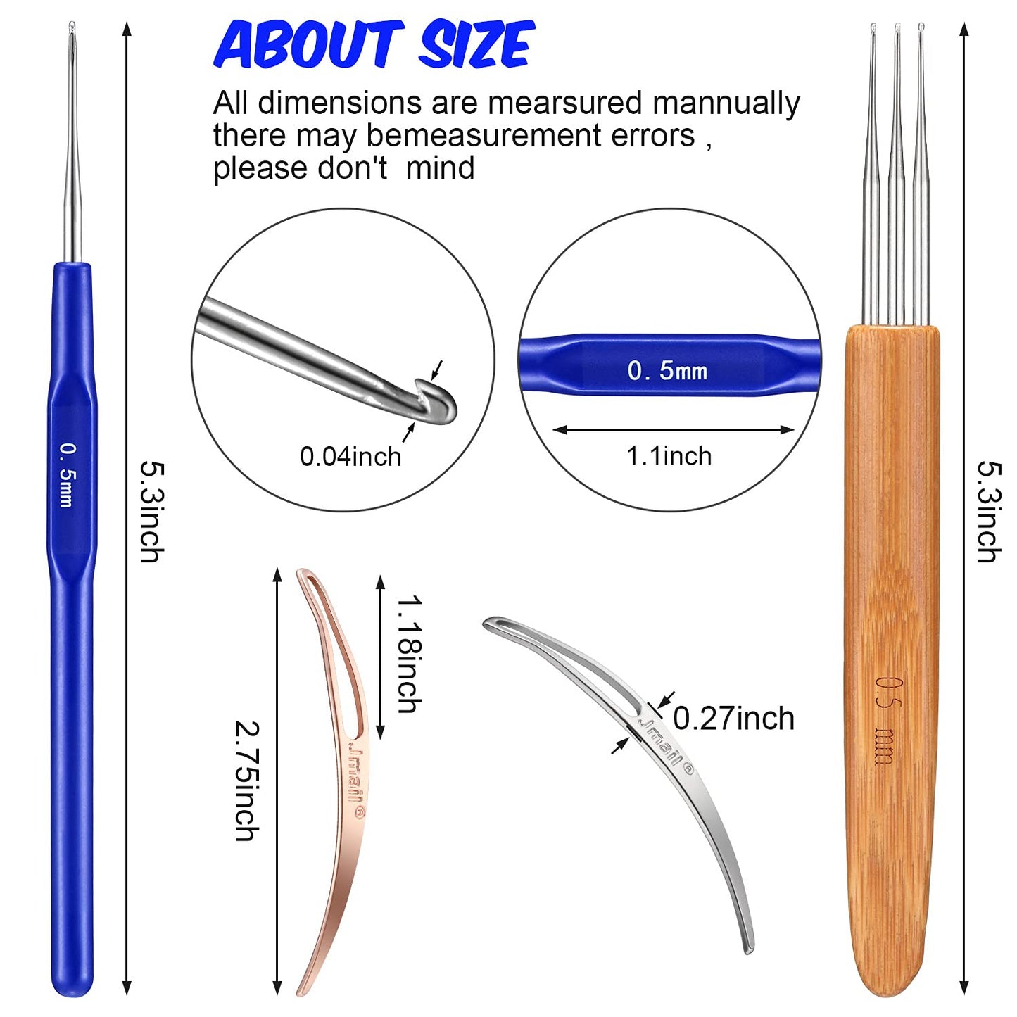 WILLBOND 14 Pcs Dreadlock Crochet Hook Set Include 6 Dreadlocks Crochet Needle 2 Hair Locking Tools 6 Hooks 0.5 mm 0.75 mm Needle Weaving, 1/2/3 Hooks for Locs Braid Craft(Blue)