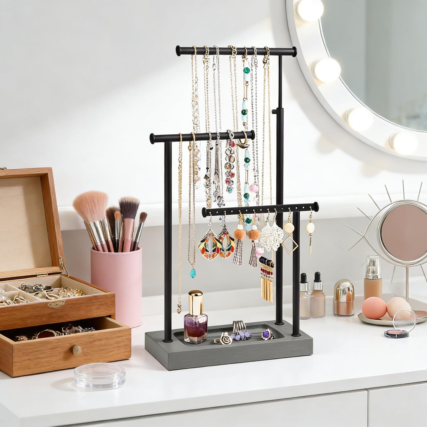 SRIWATANA Jewelry Organizer Display Extra Tall Necklace Holder 3 Tier Jewelry Tree Stand, Gift Idea (Weathered Grey & Black)