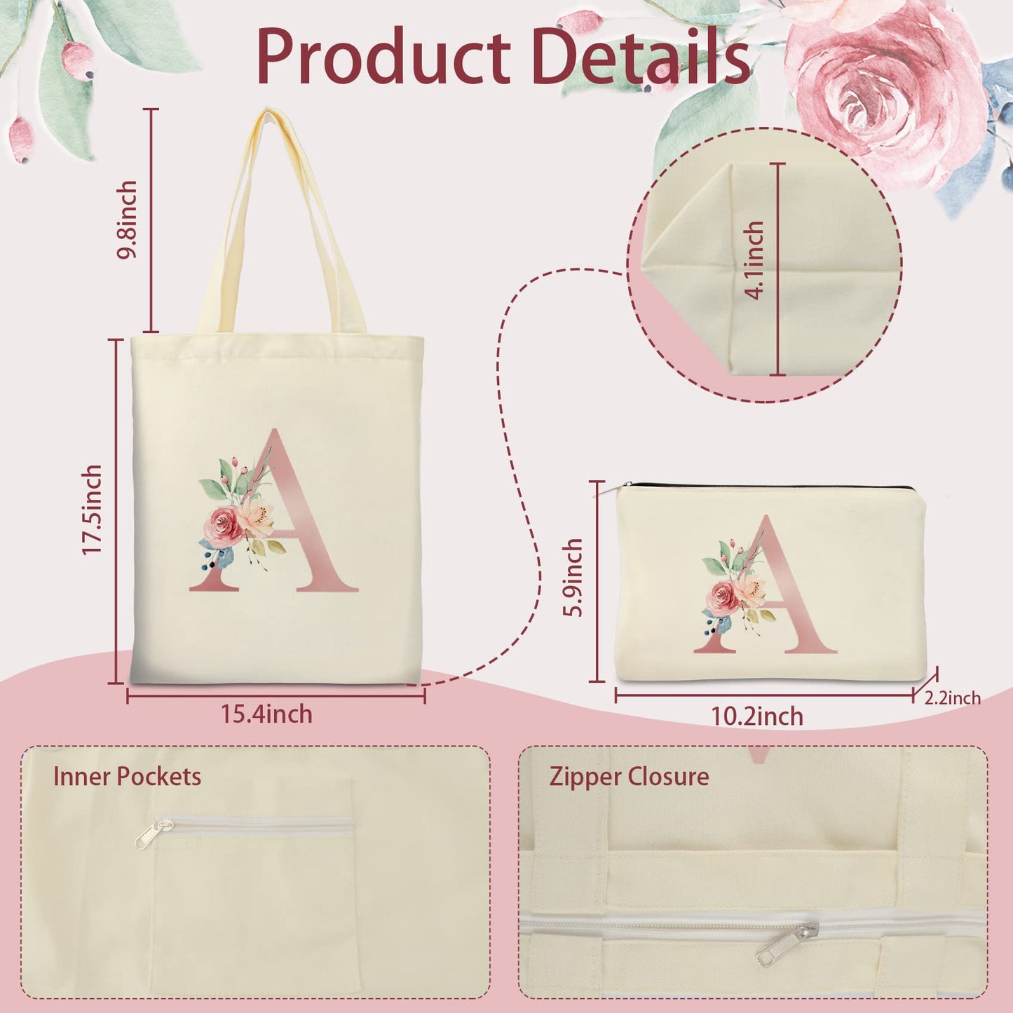 Binggemen Initial Canvas Tote Bag with Zipper Pockets,Personalized Totes for Women Bridesmaids Teacher,Cosmetic Makeup Bag,Monogrammed Gifts for Wedding Birthday (Letter A)