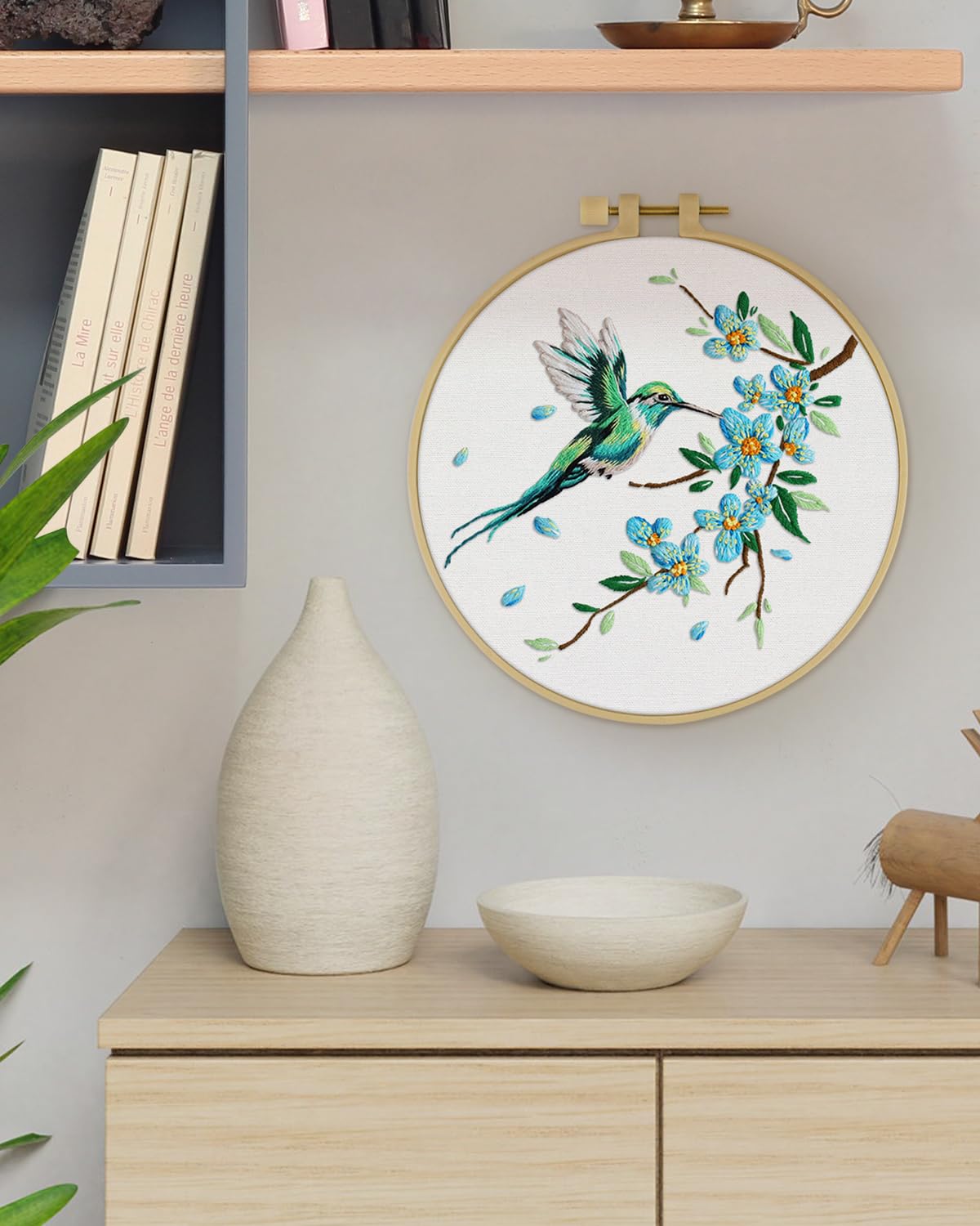 Embroidery Kit for Beginners, Hummingbird and Flower Cross Stitch Set for Include Embroidery Cloth Hoops Threads for Craft Lover Hand Stitch with Embroidery Skill Techniques (Green Hummingbird)