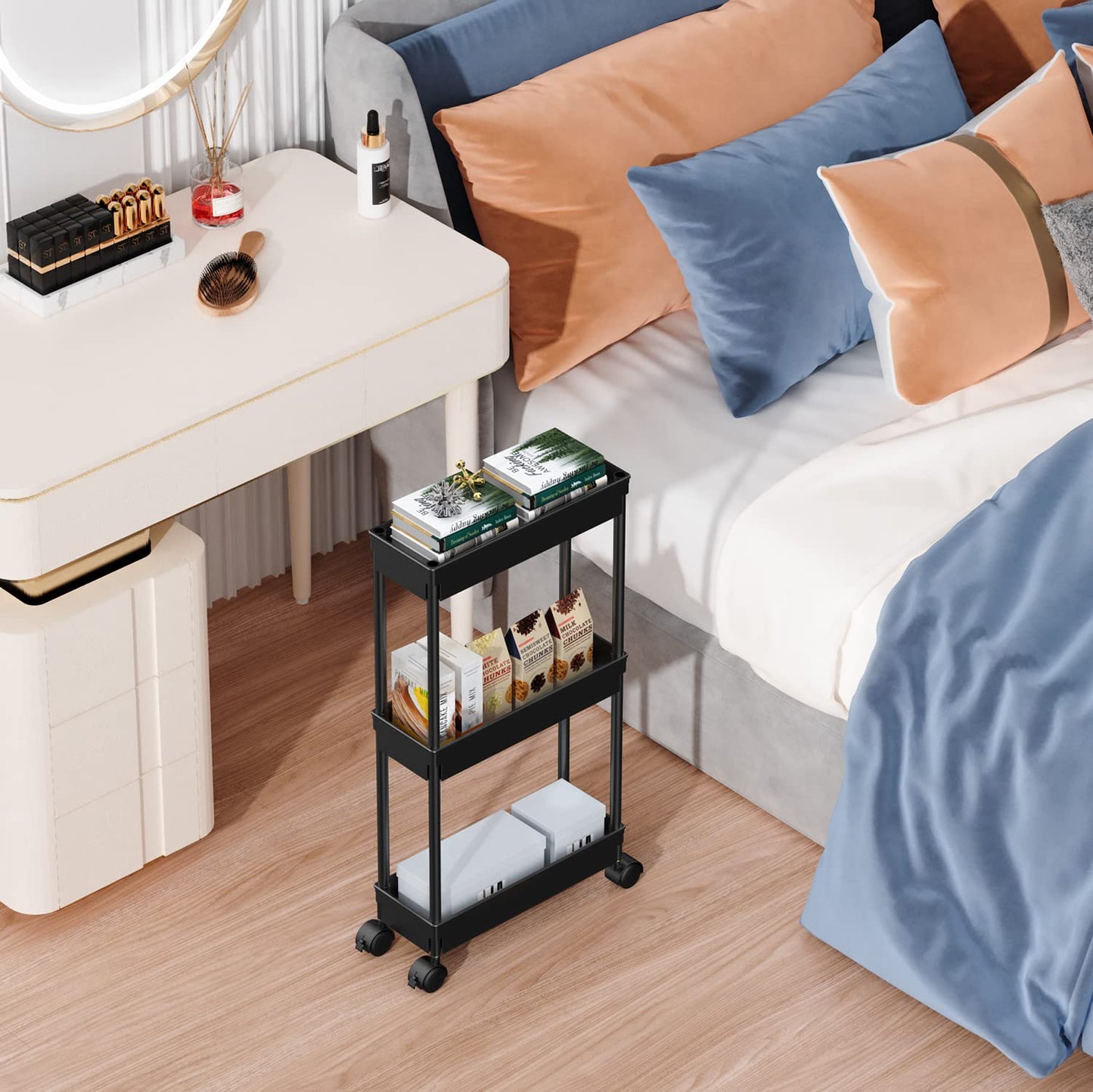 Tier Rolling Cart with Wheels,Slim Storage Cart,Narrow Storage Cabinet,Under Desk Storage,Rolling Utility Cart Storage Organizer for Office Bathroom Kitchen Laundry Room Narrow Places, Black