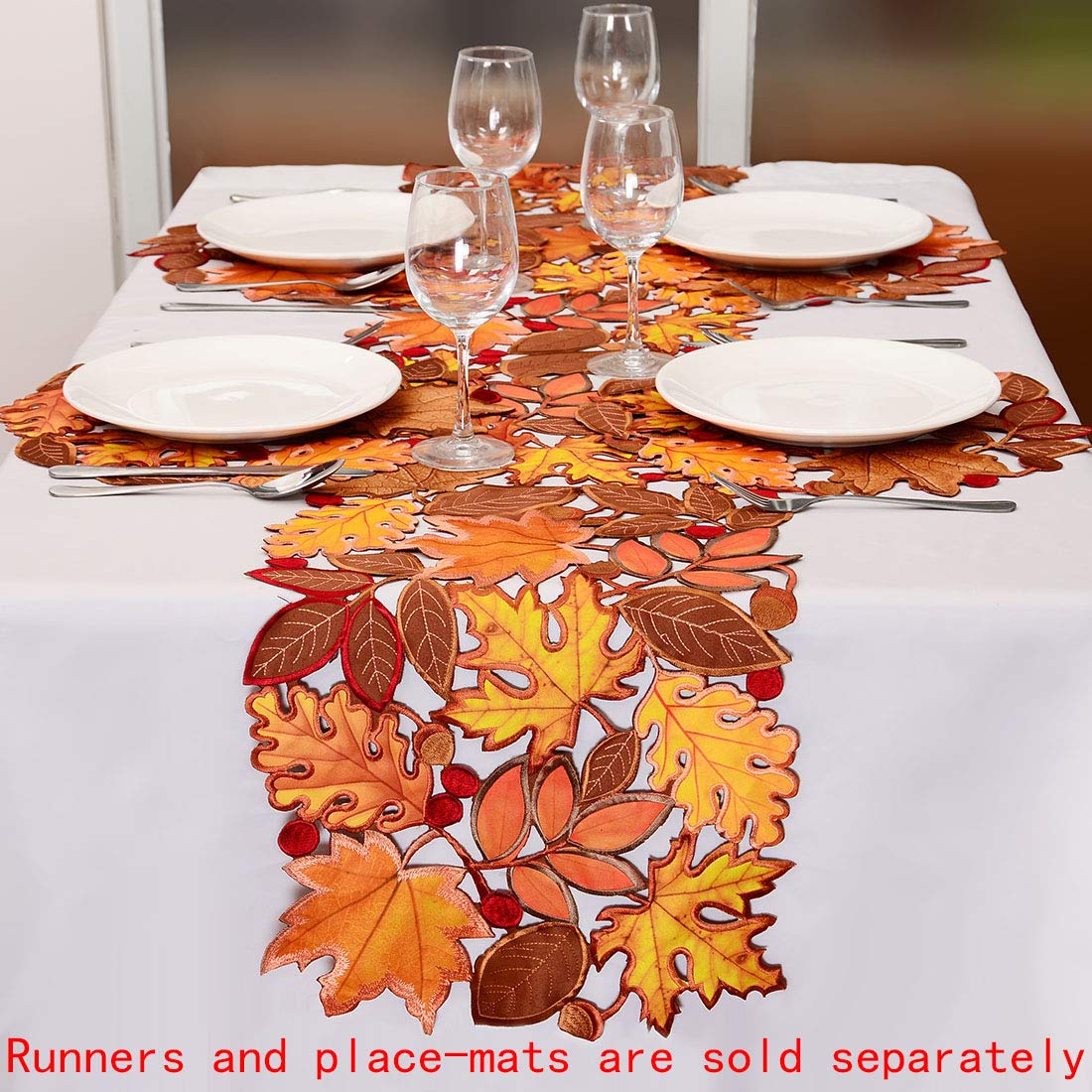 Embroidered Fall Leaves Table Runner for Thanksgiving, Autumn Harvest Decorations (14 Ć 68 inches)