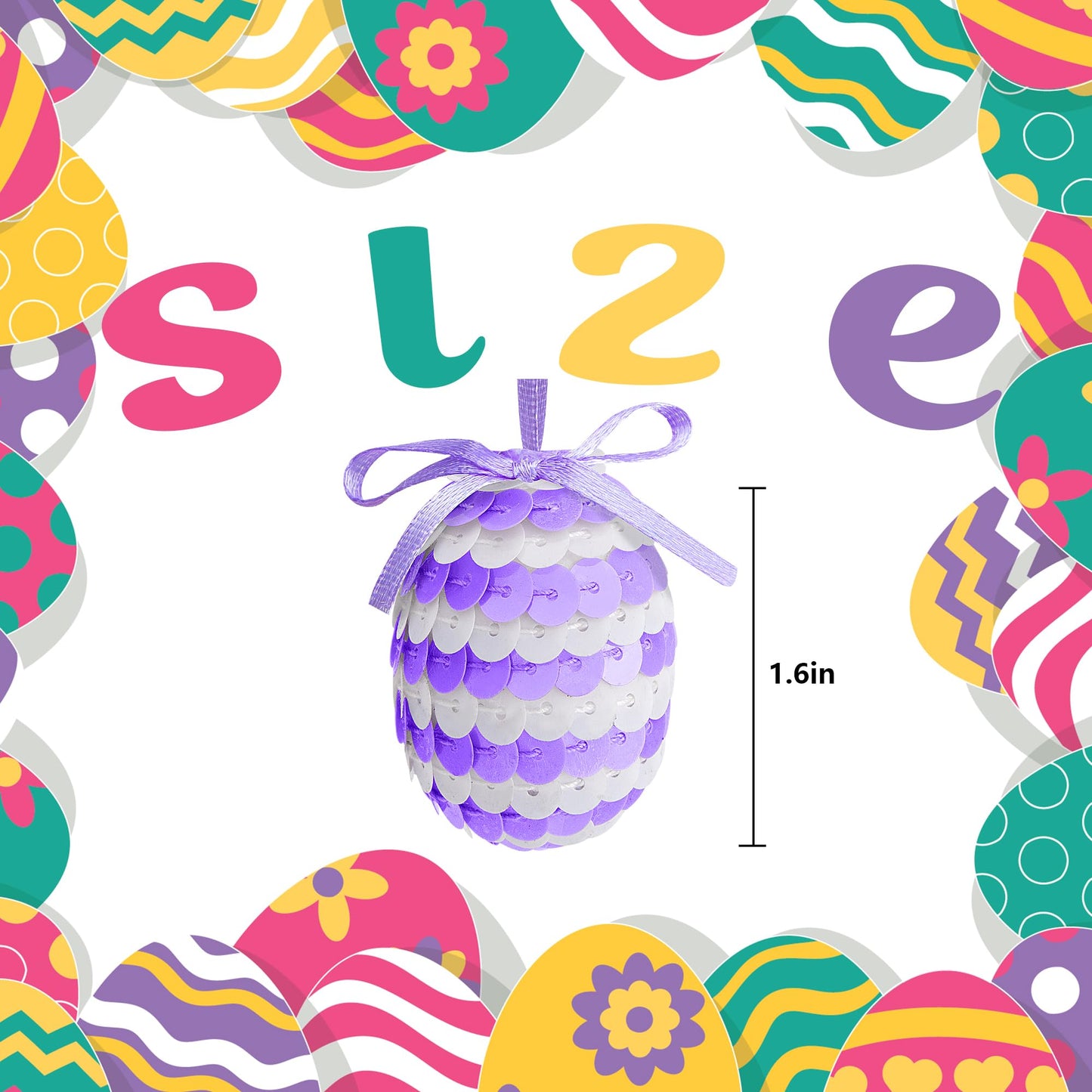 30 Pcs Easter Hanging Sequin Eggs- 1.6" Stripes Easter Eggs Ornaments with Bow- Glitter Easter Decorations Eggs Tree Ornaments for Party Birthday Home Garden Decoration