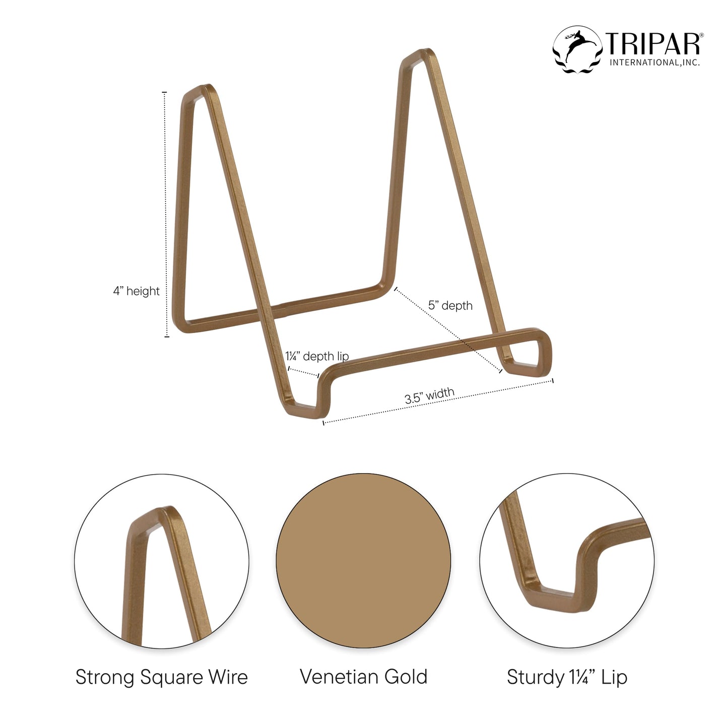 TRIPAR 4-Inch 2 Pack Metal Venetian Gold Square Stand, Square Wire Easel, Small Photo Stand, Small Book Holder Stand for Table, Display for Picture Frames, Plaques and Plates