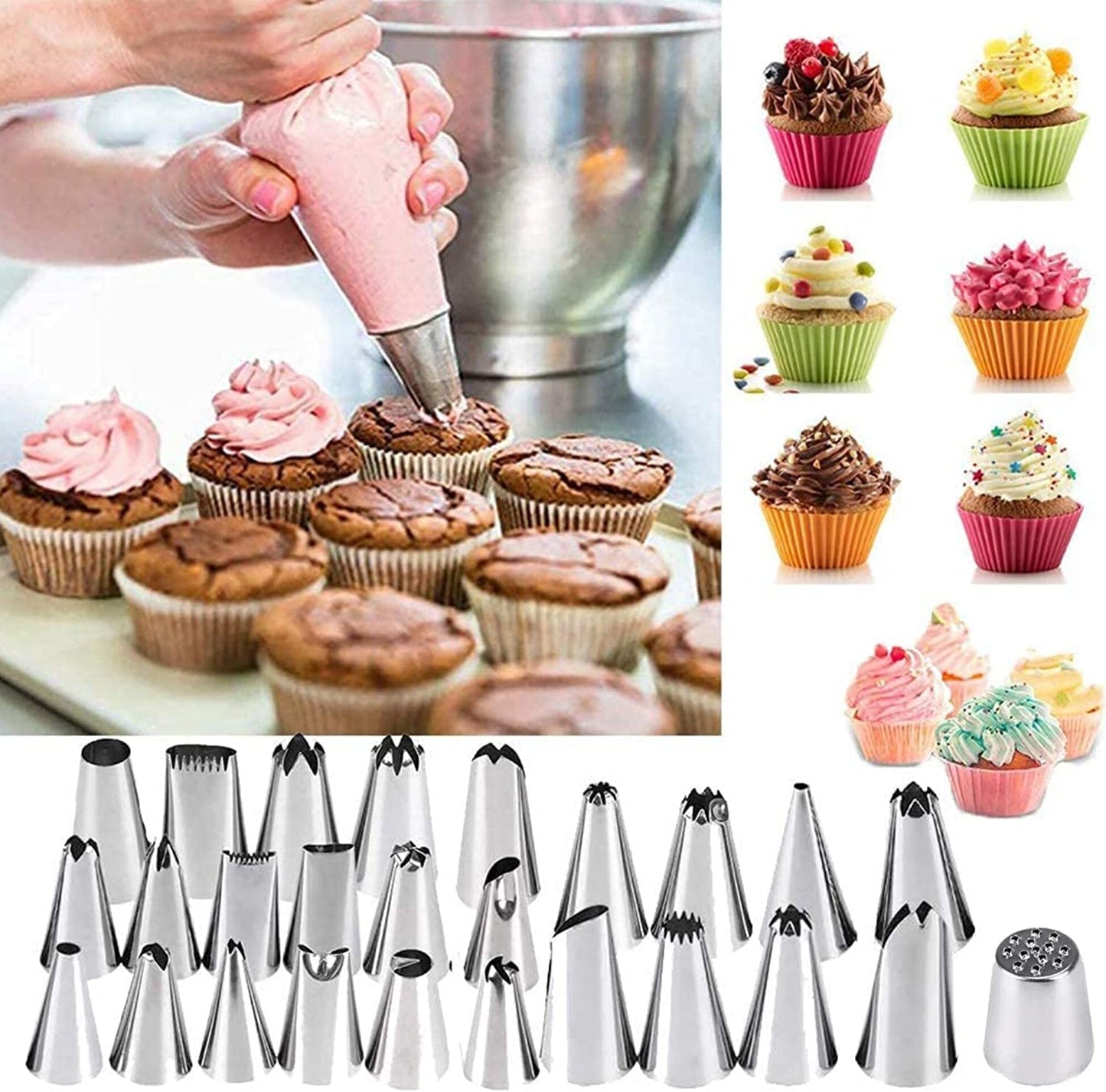 Icing Nozzles Set, Cake Decorating Set, Stainless Steel Piping Icing Nozzles, Reusable Silicone Piping Bag, Suitable for Cakes, Cupcakes, Cookies, Pastries, Beginners