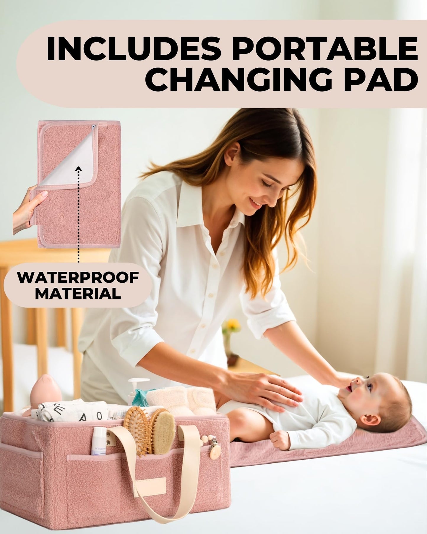 Toodly Baby Diaper Caddy Organizer with Portable Changing Mat - Teddy Fleece Diaper Organizer for Changing Table - Basket for Changing Essentials - Baby Essentials Organizer with Removable Dividers