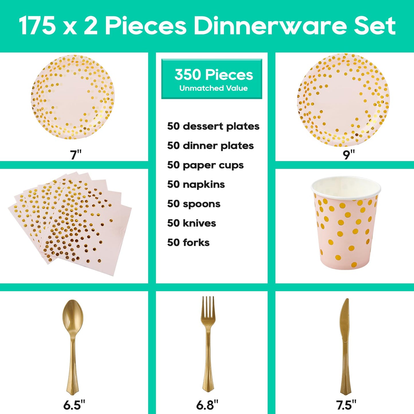 Pink and Gold Party Supplies - 350 PCS Disposable Dinnerware Set - Pink Paper Plates Napkins Cups, Gold Plastic Forks Knives Spoon for Graduation, Birthday, Cocktail Party