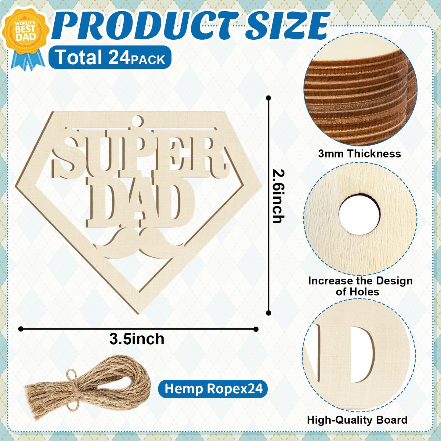 Wooden DAD Ornaments to Paint Father's Day Birthday Party Decoration Cutouts Unfinished 24PCS 3.5 x 3 inches, DIY Blank Unfinished Wood Daddy Ornament for Home Crafts Hanging Father Day Decoration