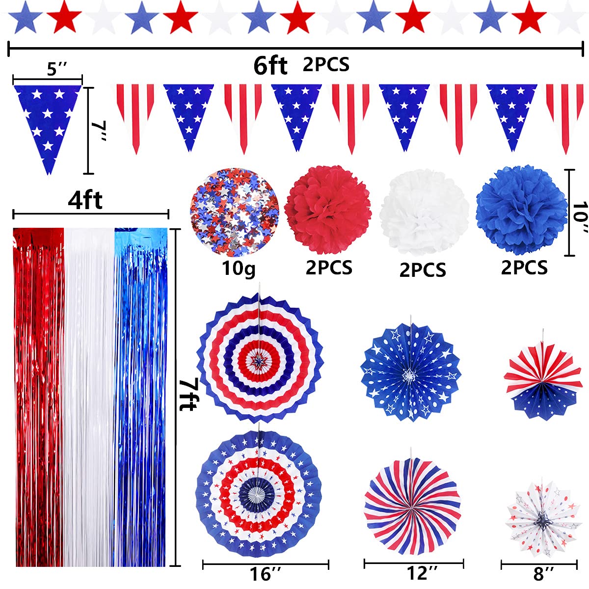 MOVINPE 4th of July Patriotic Party Decorations Set, American Flag Hanging Paper Fans, PomPoms Flowers, Foil Fringe Curtain, Star Streamers, USA Pennant Bunting Independence Day Party Supplies
