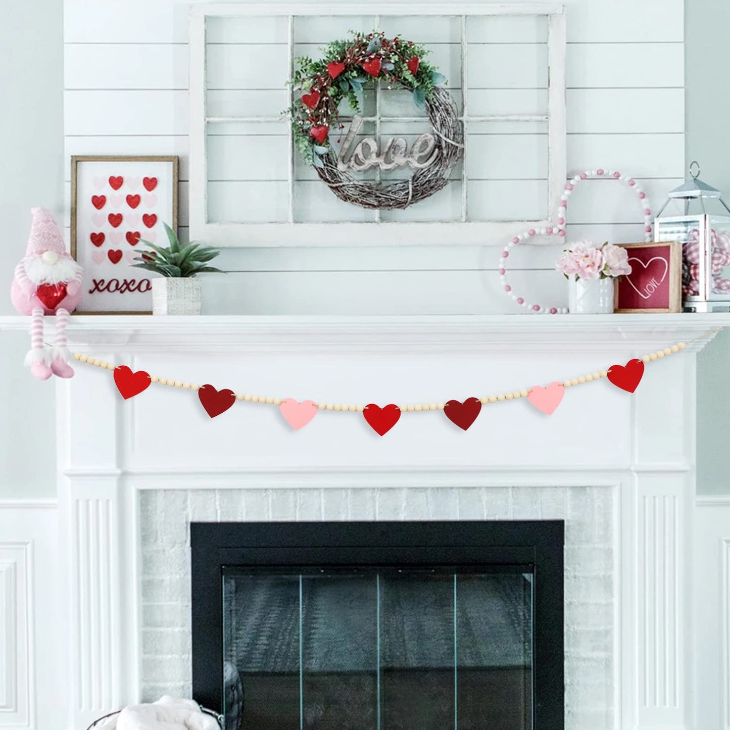 DAZONGE Valentines Day Decorations, Wood Bead Garland with Felt Hearts for Valentine Decor, Red and Pink Farmhouse Valentine’s Day Banner for Wedding, Anniversary Decorations