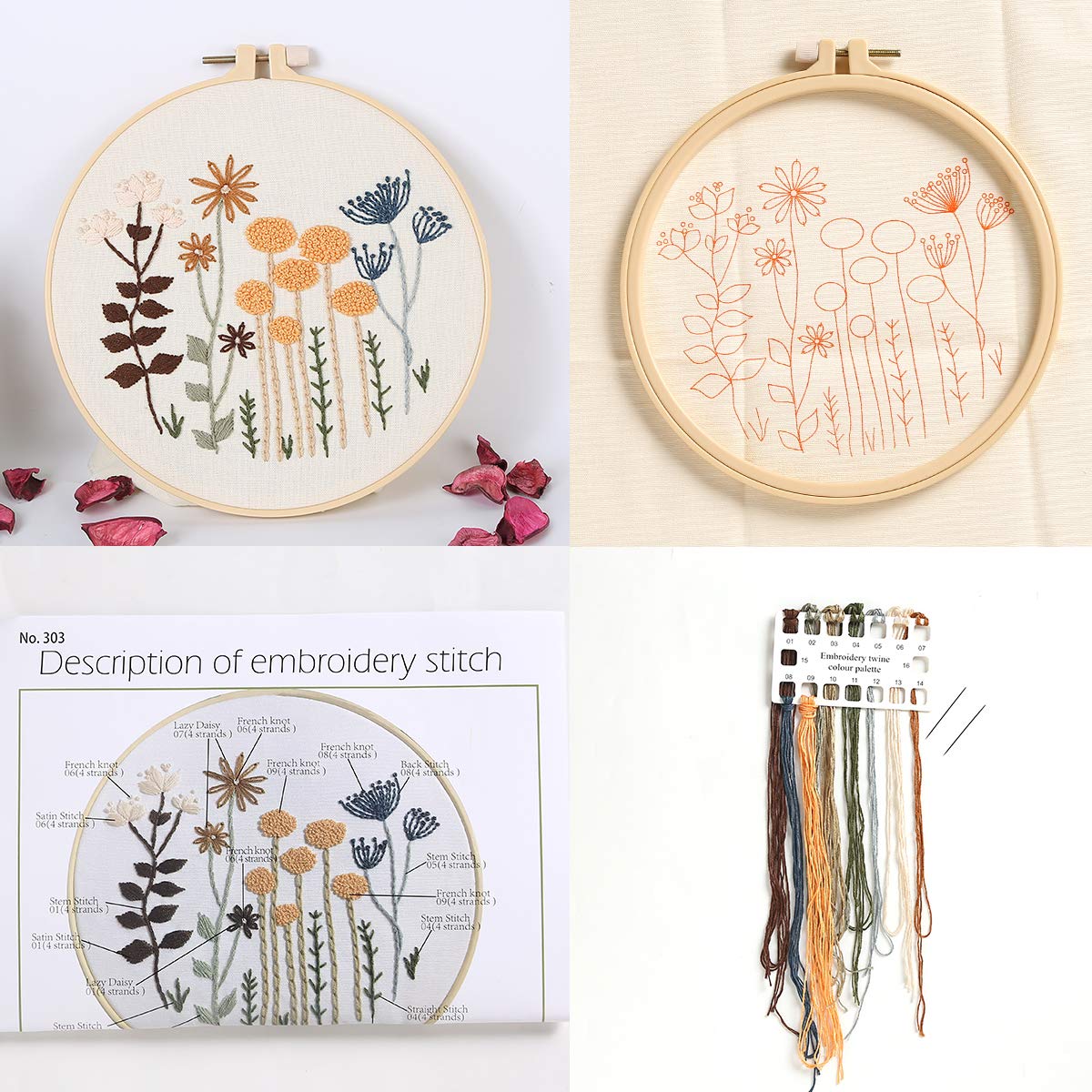 3 Sets of Beginner Embroidery Kits with 3 Patterns and 6 Needles, Needlepoint Kits for Adults,Including Embroidery Floss,3 Plastic Hoops and 3 Cotton Fabric