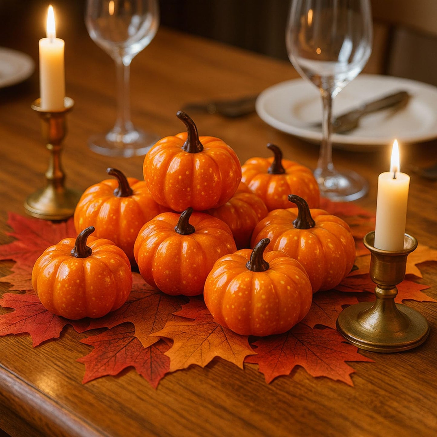 DomeStar 42 PCS Artificial Pumpkins Sets, 12PCS Mini Fake Pumpkins with 30PCS Lifelike Maple Leaves Faux Pumpkins for Decorating Fall Harvest Garland Halloween DIY for Crafts Thanksgiving Decorations