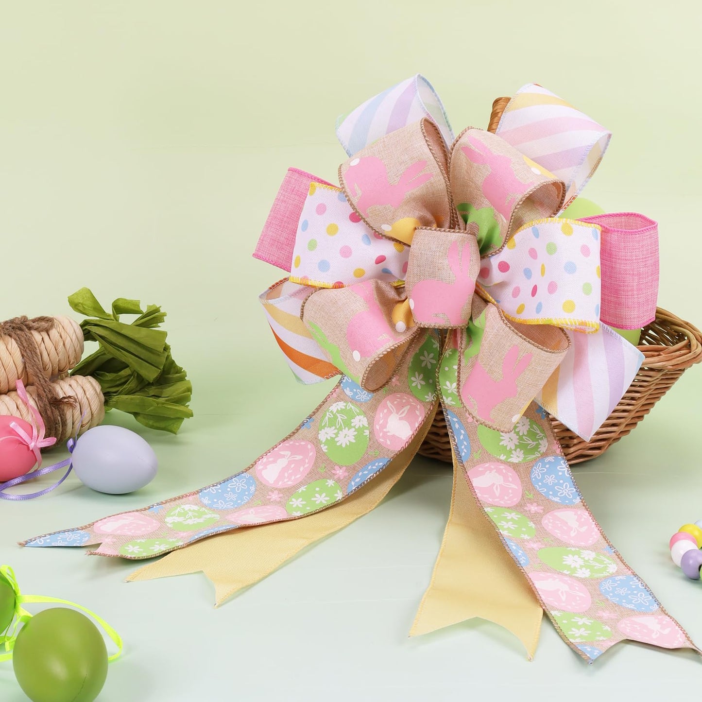 Easter Ribbon Wired 6 Rolls 2.5 Inch x 36 Yards TTL, Eggs and Bunny Easter Ribbons for Baskets, Striped and Polka Dot Wide Ribbons for Crafts Spring Wreath Gift Wrapping Bow Decoration
