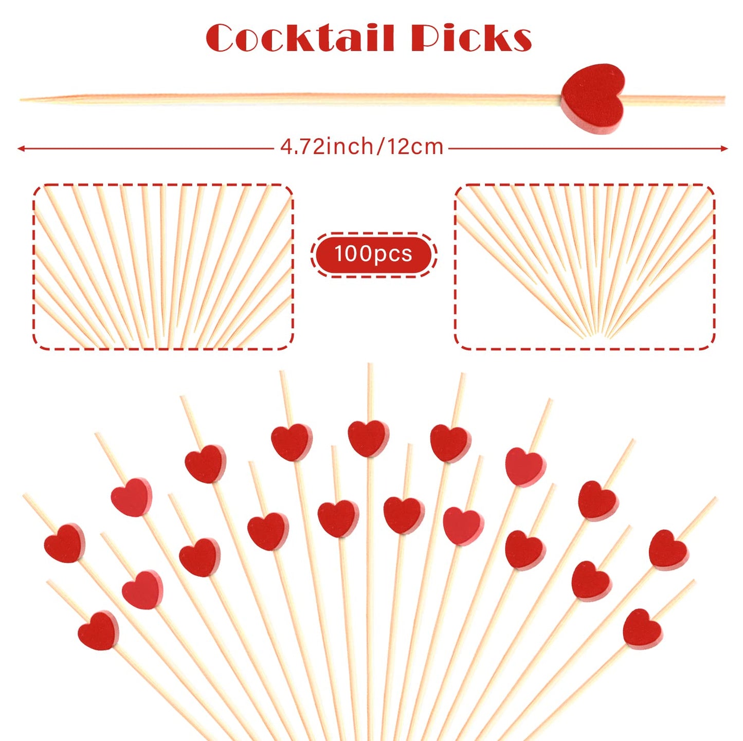 100pcs Red Heart Cocktail Picks 4.7" Long Fruit Sticks Food Toothpicks Sandwich Appetizer Charcuterie Skewers, Handmade of Bamboo Wood, for Birthday, Wedding, Valentines Day Decoration Party Supplies