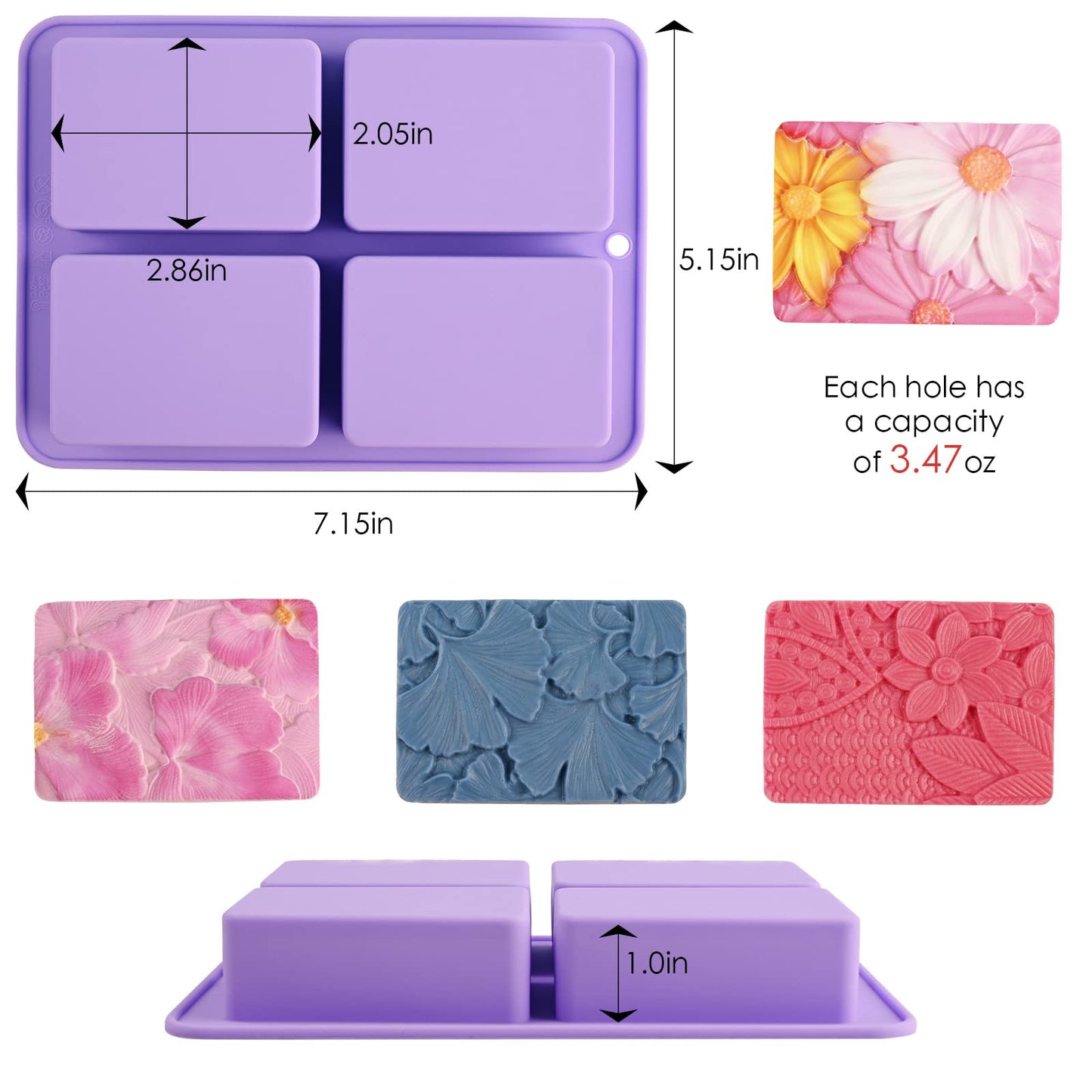 Moukiween Flower Soap Molds Silicone-2PCS 4 Cavities Rectangle Soap Mold 3oz,Flower Shapes Silicone Molds for Soap Bath Bombs Shower Steamer Lotion Bars