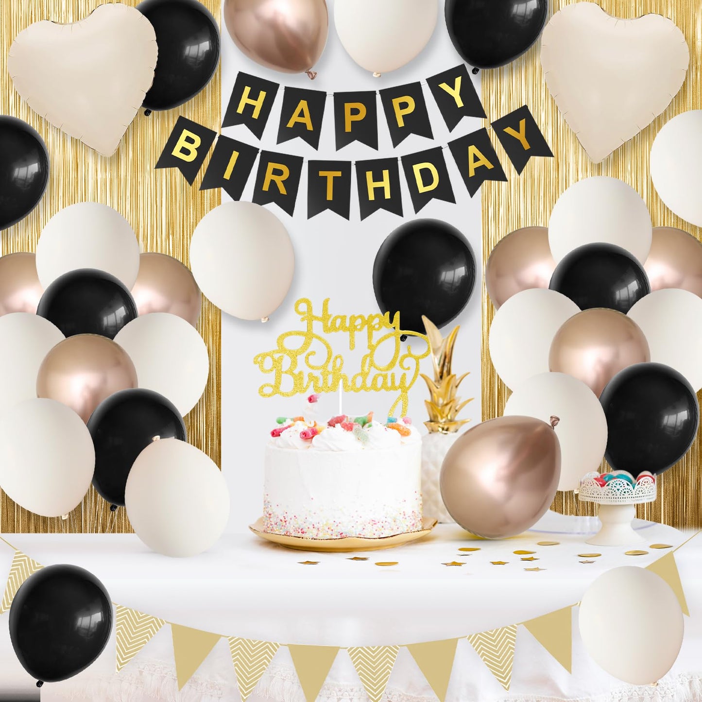 Black Gold Birthday Decorations,Party Decorations with Sand White Champagne Gold Balloon Heart Balloons Happy Birthday Banner Fringe Curtain for Women Men Boho Baby Shower Birthday Party Decor