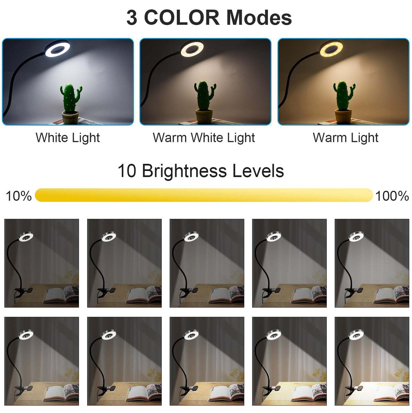 2 Pack LED Clip on Lamp Book Light for Kids Reading in Bed, 3 Color Modes with 10 Levels Brightness Flexible Gooseneck Clamp for Bed Headboard Video, Craft, Make up, Study
