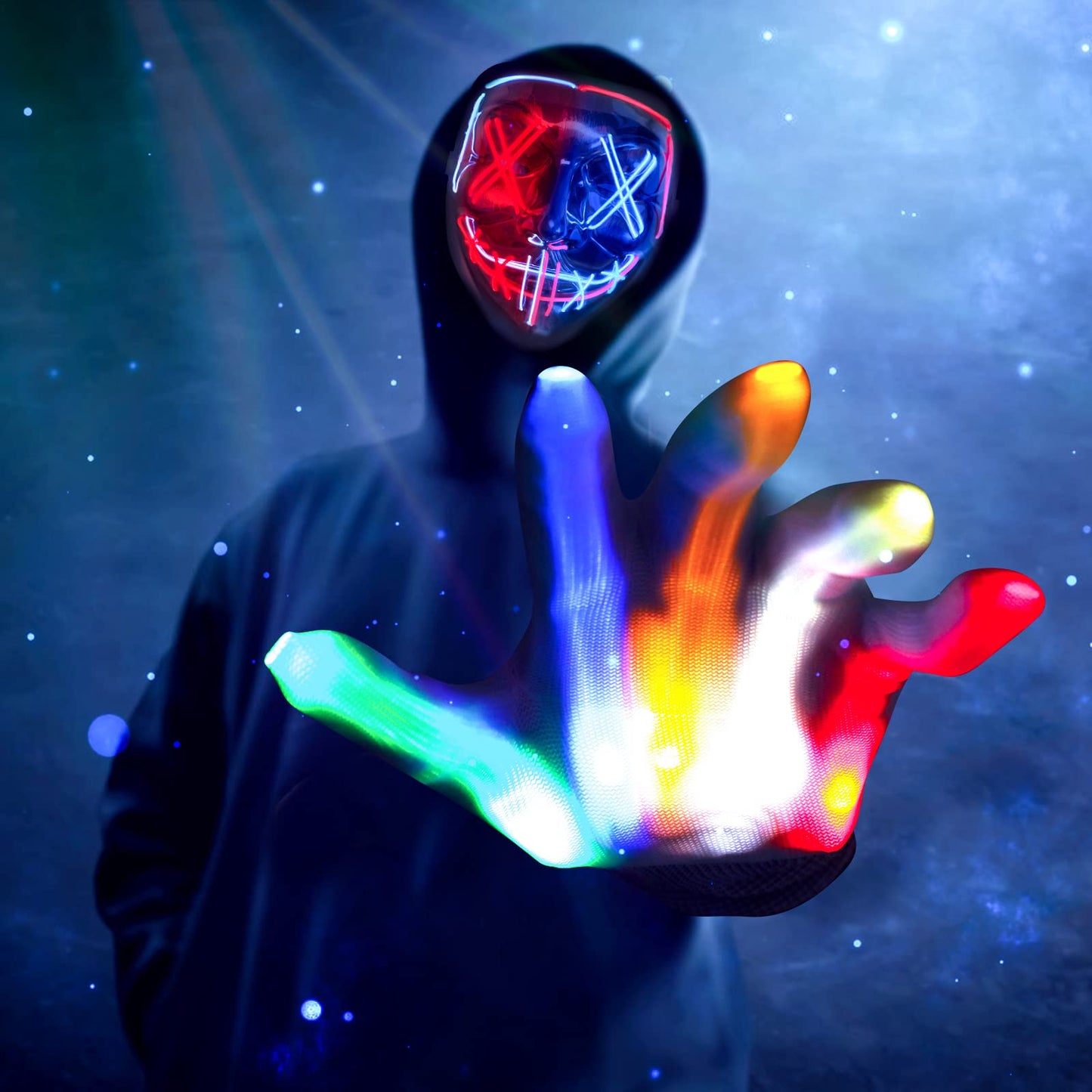 Halloween Mask Glowing Gloves for Halloween Costume Cosplay Led Light Up Scary Masks with 3 Lighting Modes Cosplay Lighted Face Masks for Halloween Parties Masquerade Party (Red & Blue)