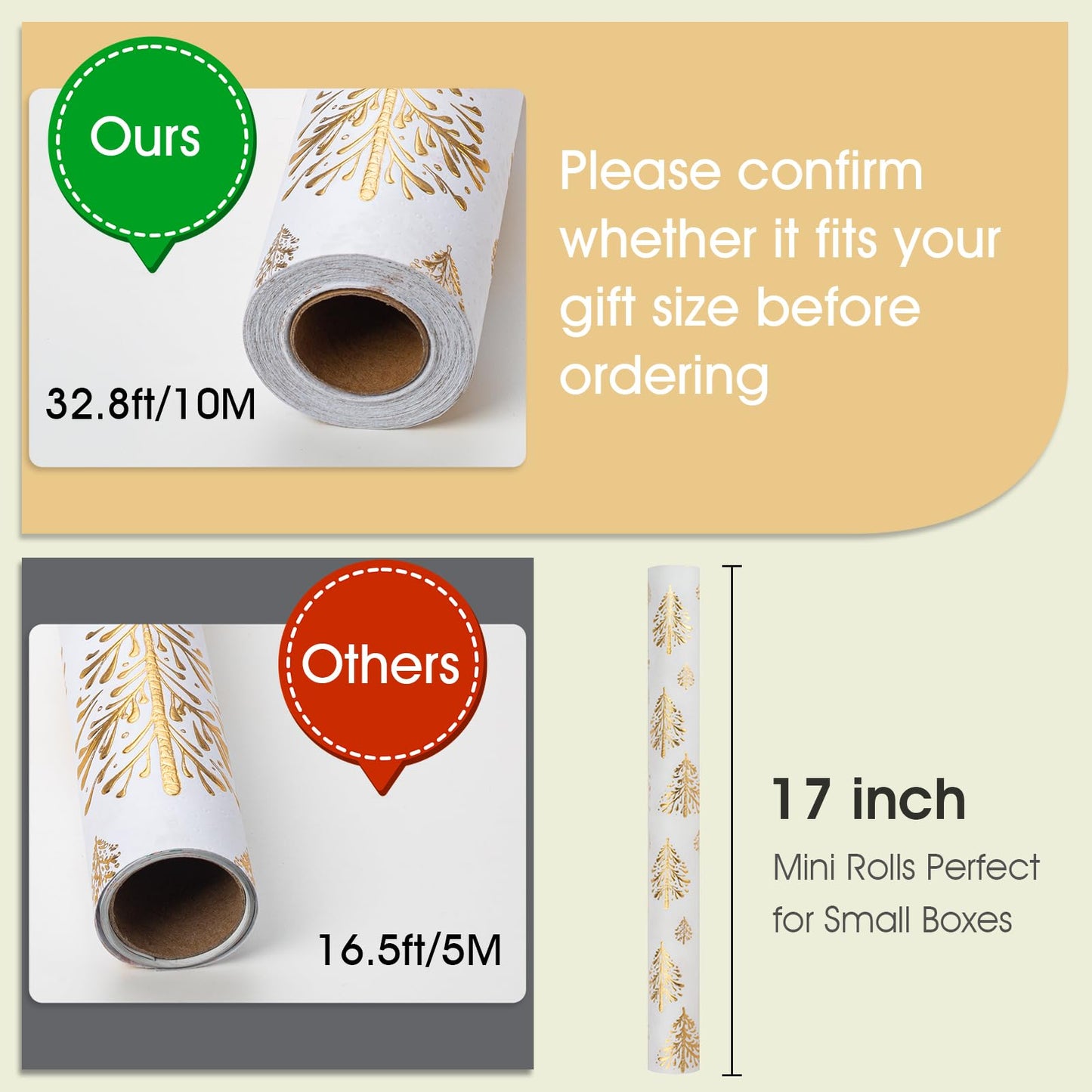 Kraft Christmas Wrapping Paper,White Gold 3D Embossed Foil Christmas Tree with Woodlands Wrap Paper for Holiday, Party,Celebration, New Year (17 Inch X 32.8 Feet)