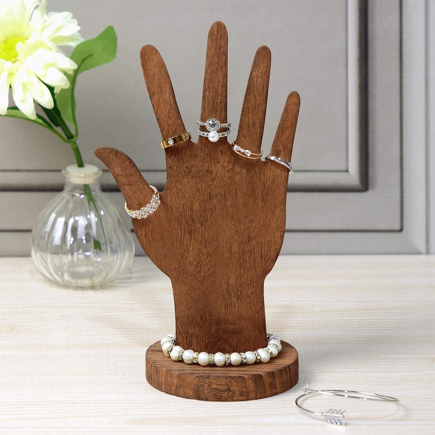 MOOCA 6-Piece Wooden Hand Form Jewelry Display Set - 2-Way Design for Wall Hanging or Standalone Mannequin Finger Hand Display, Brown Color