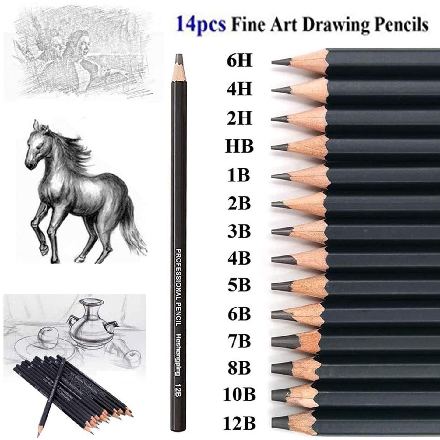 Heshengping, Sketching Pencil Set Drawing Pen Charcoal Sketch Kit Cover Graphite Pencils Charcoal Pencils Watercolor Pencils Paper Erasable Pen Beginners Artist Children and Adults(39pcs Art Supplies)
