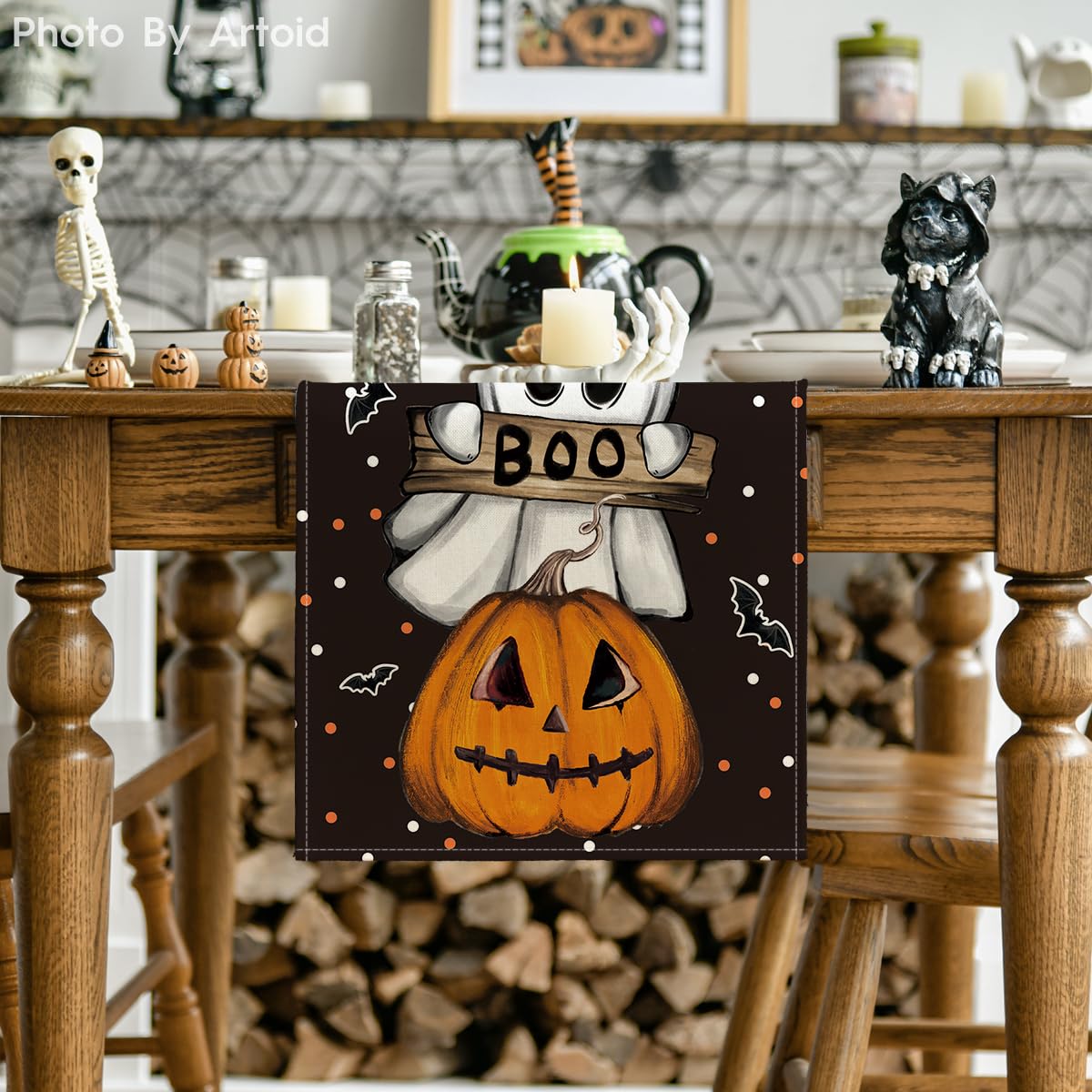 Polka Dot Ghost Pumpkin Cat Boo Halloween Table Runner, Bat Seasonal Fall Kitchen Dining Table Decoration for Home Party Decor 13x60 Inch
