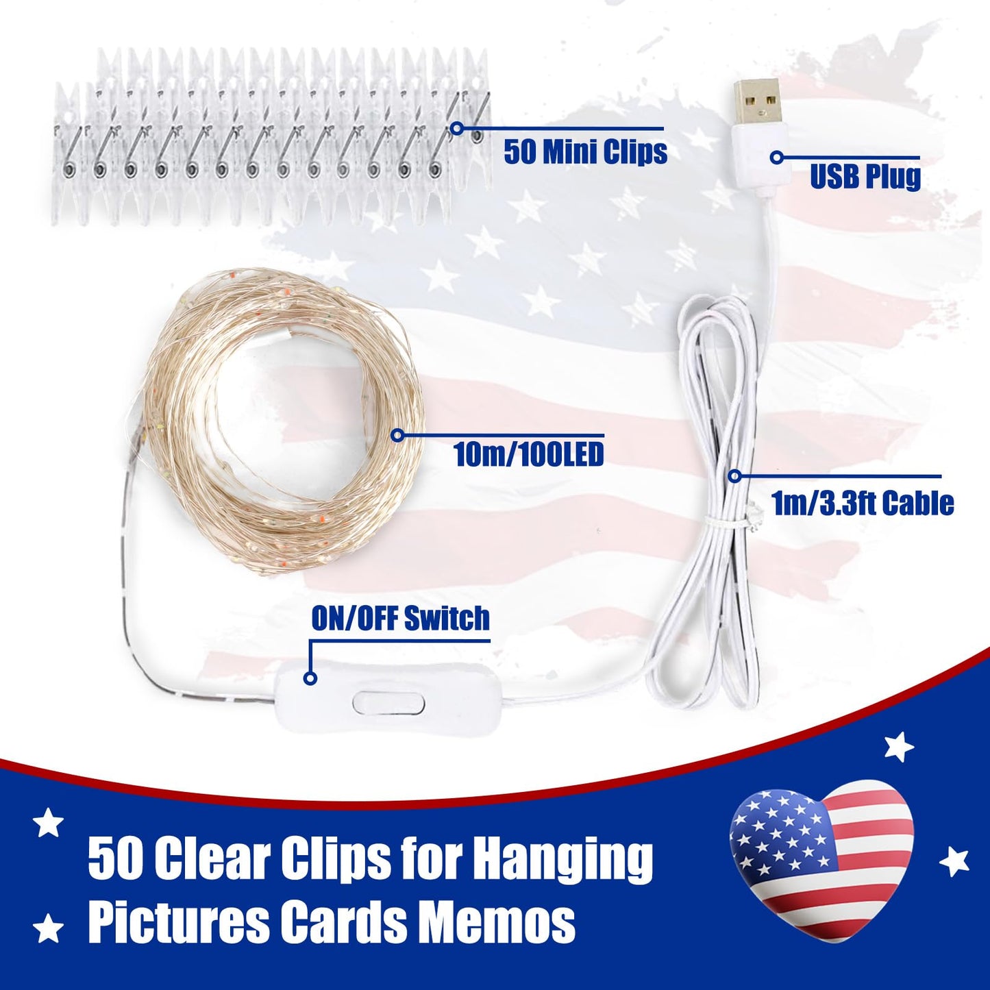 4th of July Red White Blue 100 LED 50 Photo Clips String Lights Holder 33FT Starry Fairy Lights for Hanging Pictures Cards Memos USB Powered with Switch Perfect for Bedroom Dorm Christmas Decor