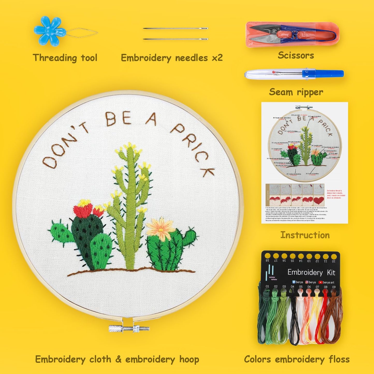 Cactus Embroidery Kit Including Video Step by Step Instructions Embroidery Hoop,Color Threads and Embroidery Scissors for Beginners-Handmade Needlepoint Kits for Adults