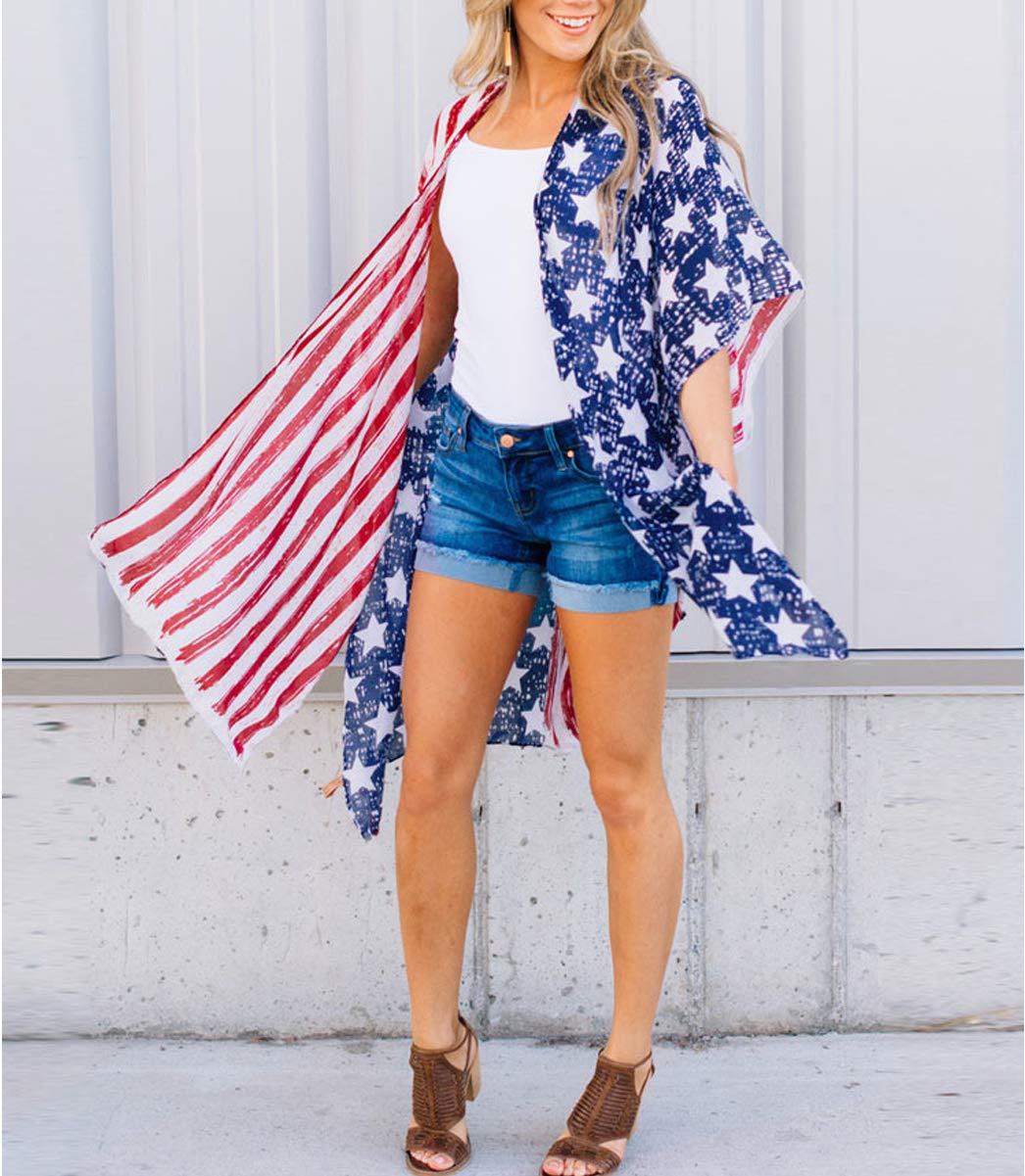 Askwind 4th of July Women's American Flag Print Kimono Cover Up Tops Shirt (A2)